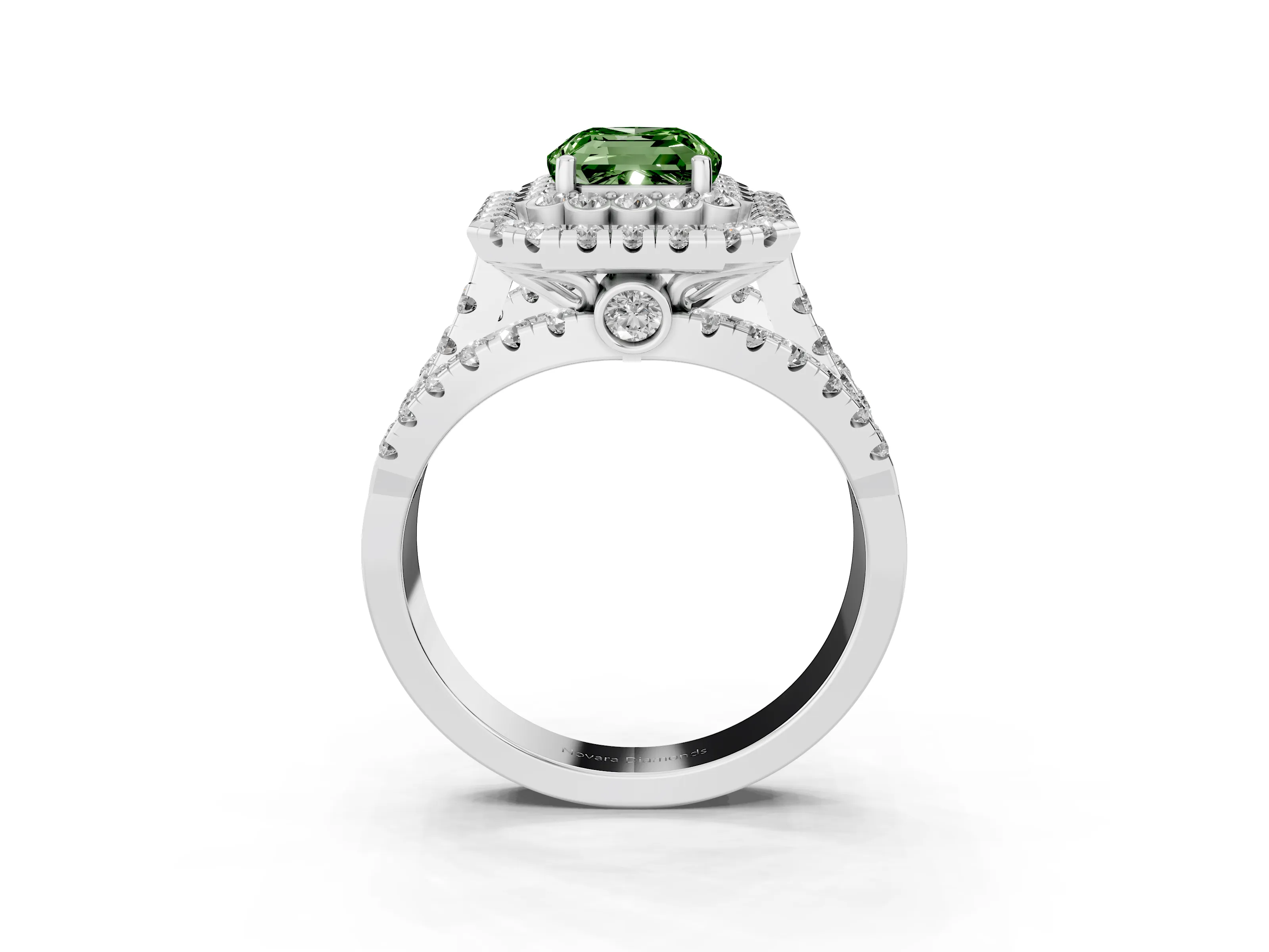 Fancy Green Emerald Cut Diamond Double Halo Ring Set in Silver with Round Pavé Split Shank
