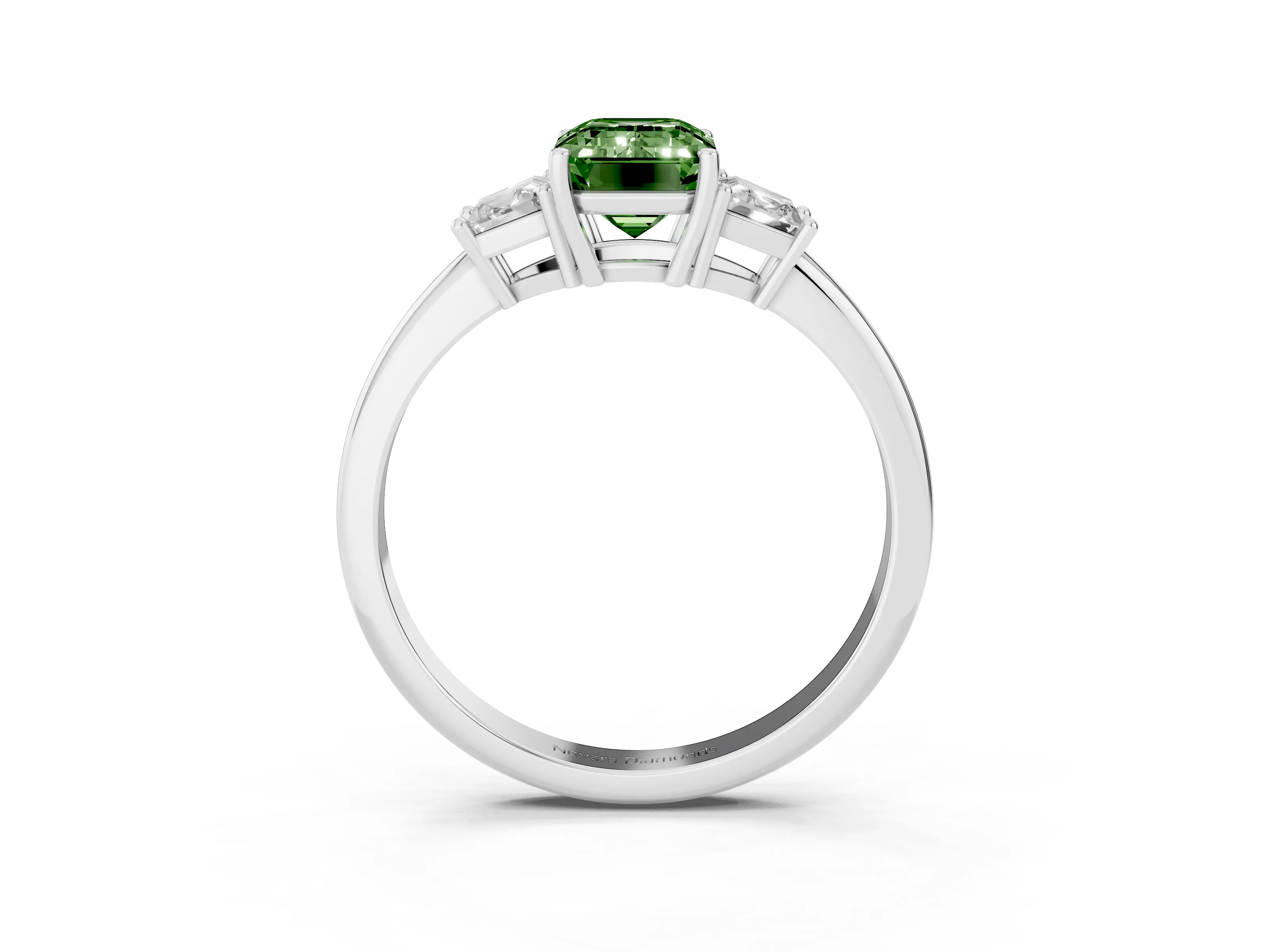 Fancy Green Emerald Cut Diamond Three-Stone Ring Set in Silver with Trapezoid Side Stones and Prong Setting