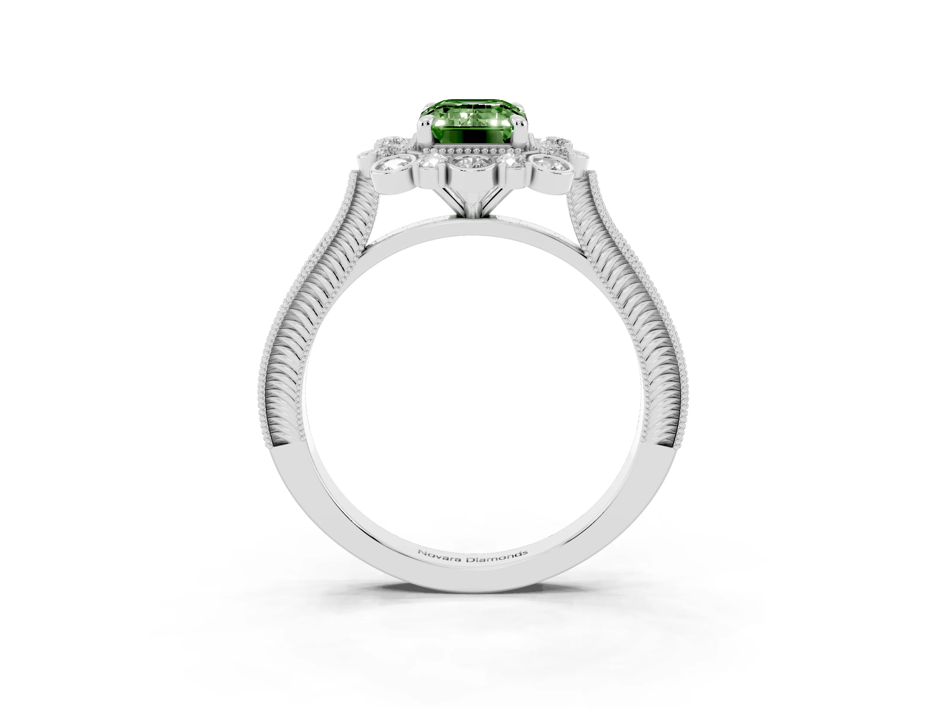 Fancy Green Emerald Cut Diamond Halo Milgrain Pavé Ring Set in White gold with Prong Setting