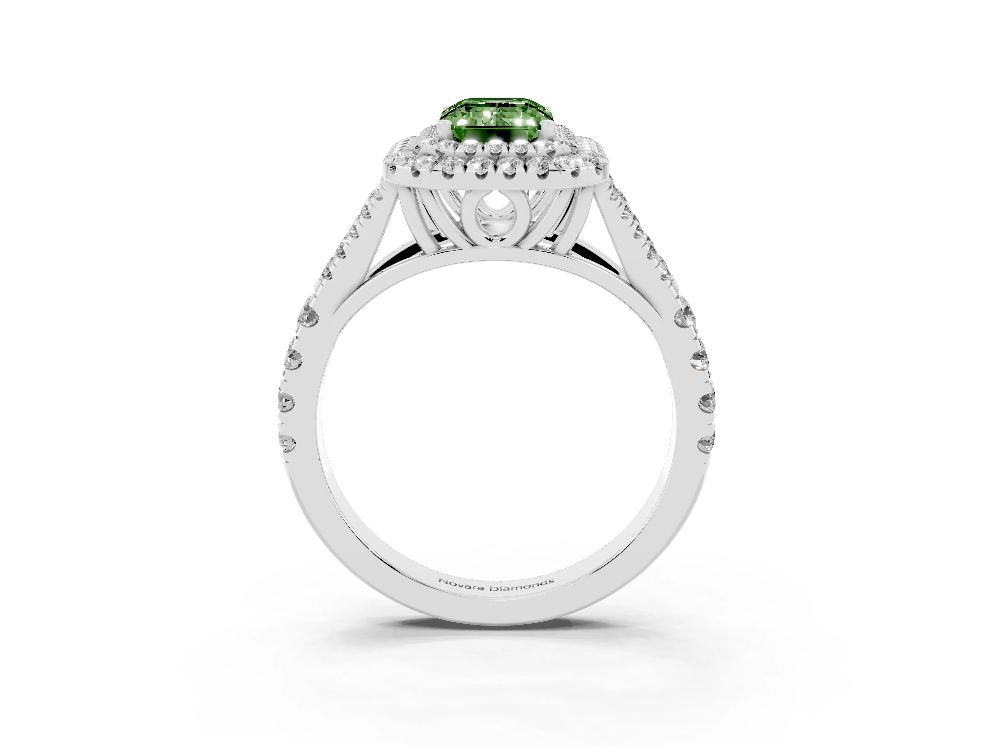 Fancy Green Emerald Cut Diamond Pavé Split Shank Double Halo Engagement Ring Set in White gold