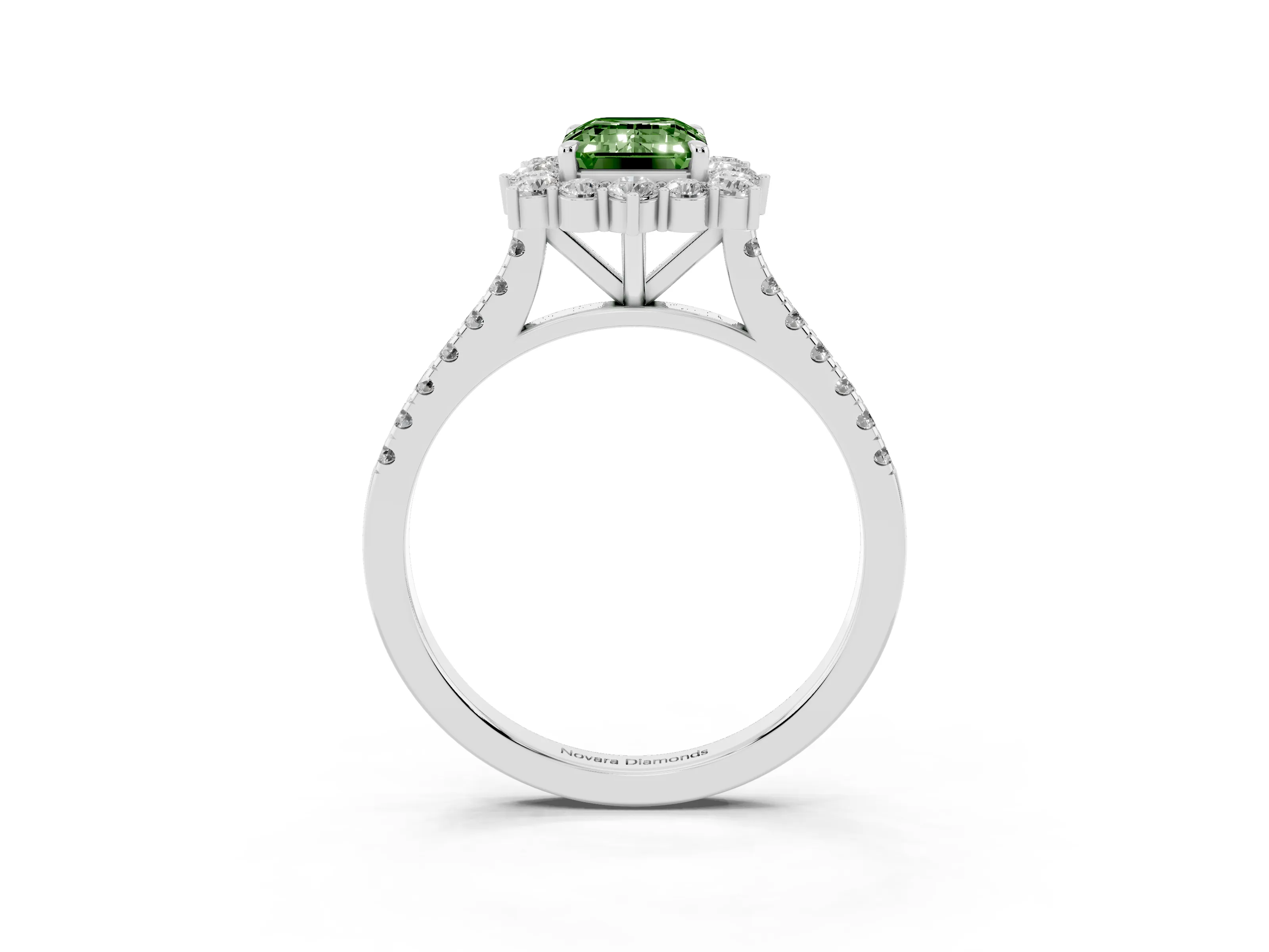 Fancy Green Emerald Cut Diamond Halo Ring Set in Platinum with Pavé Band and Prong Setting