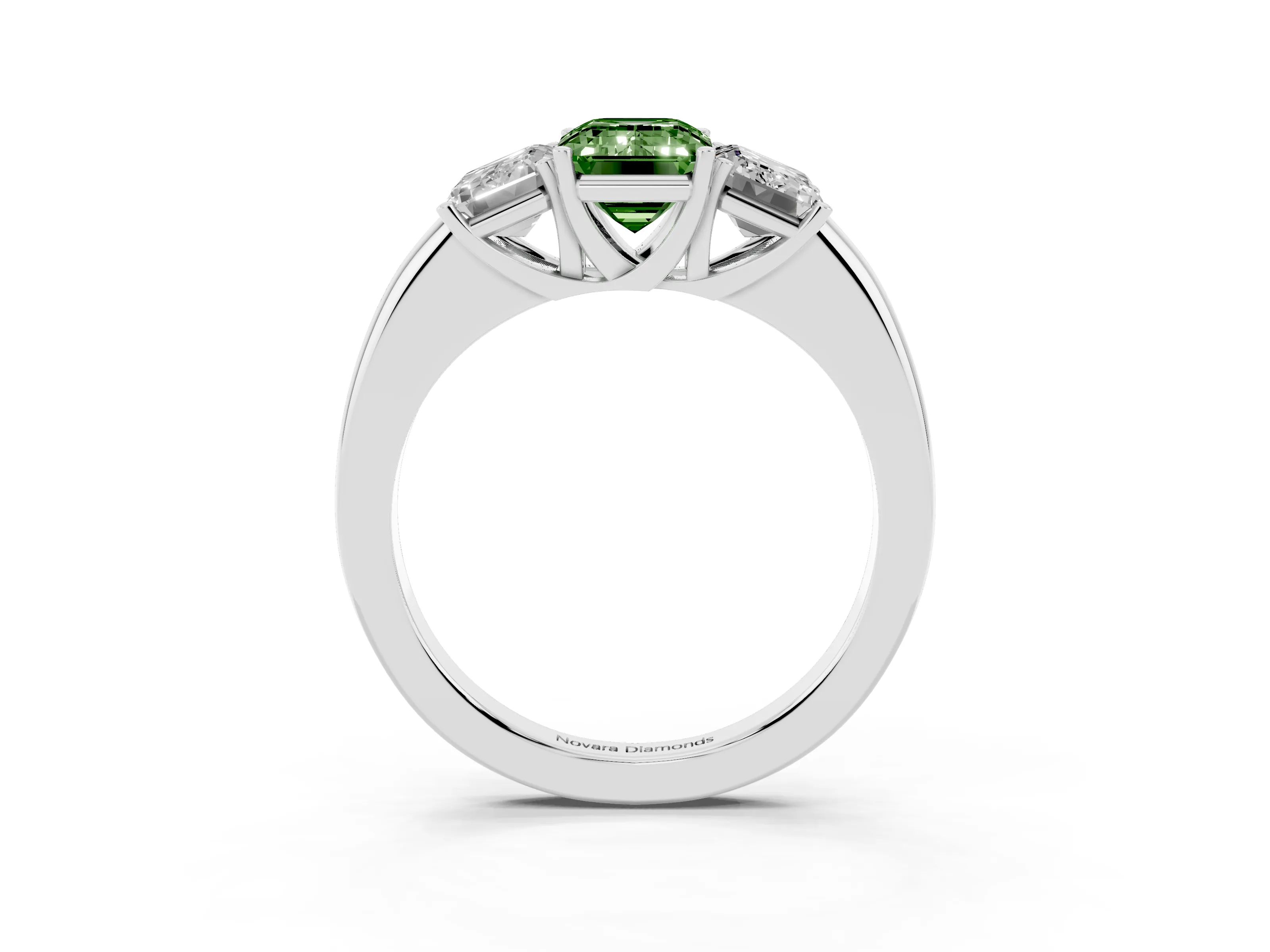 Fancy Green Emerald Cut Diamond Three-Stone Ring Set in Platinum with Bold Center and Classic Band
