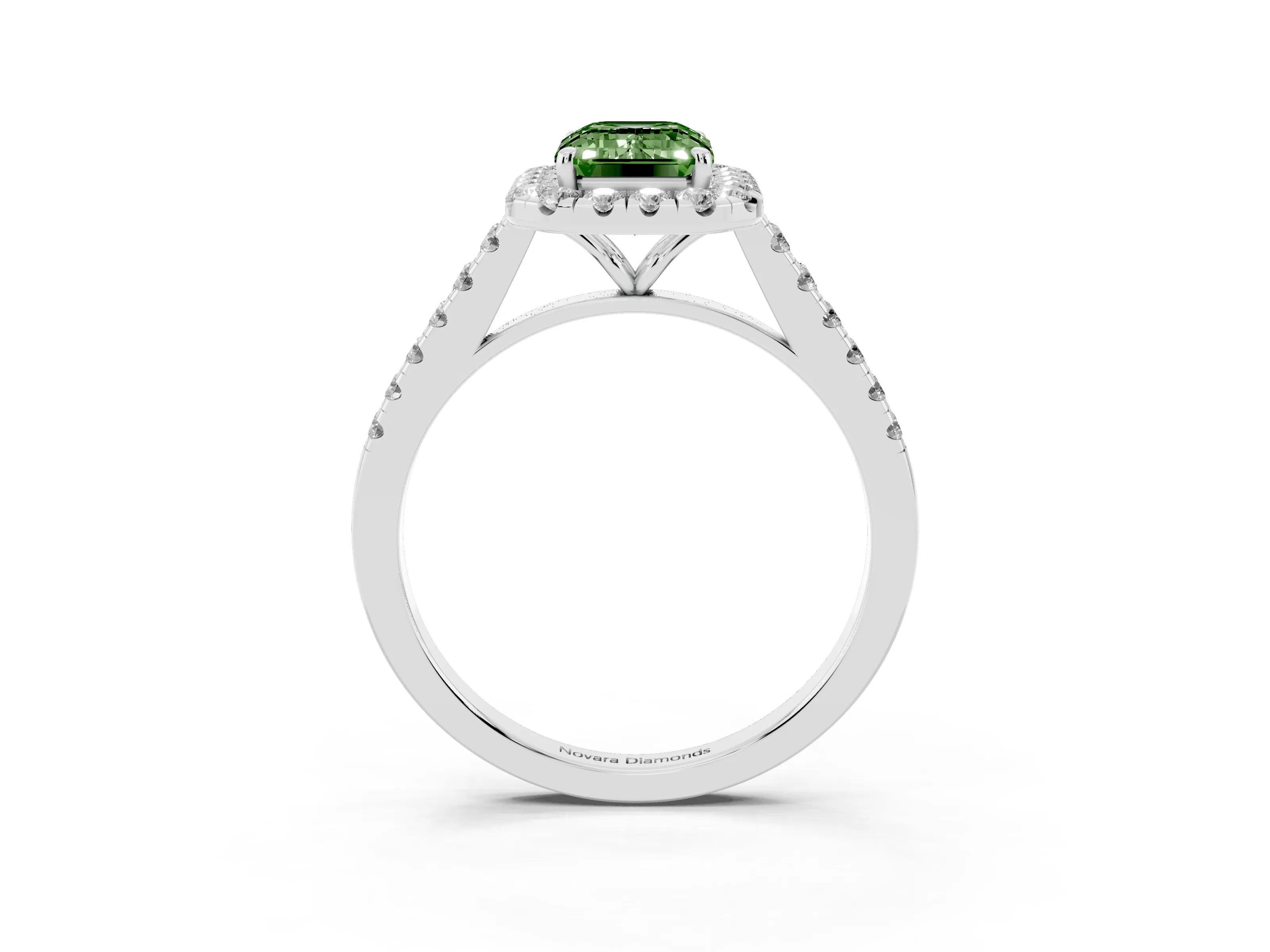 Fancy Green Emerald Cut Diamond Halo Pavé Engagement Ring Set in White gold with Prong Setting