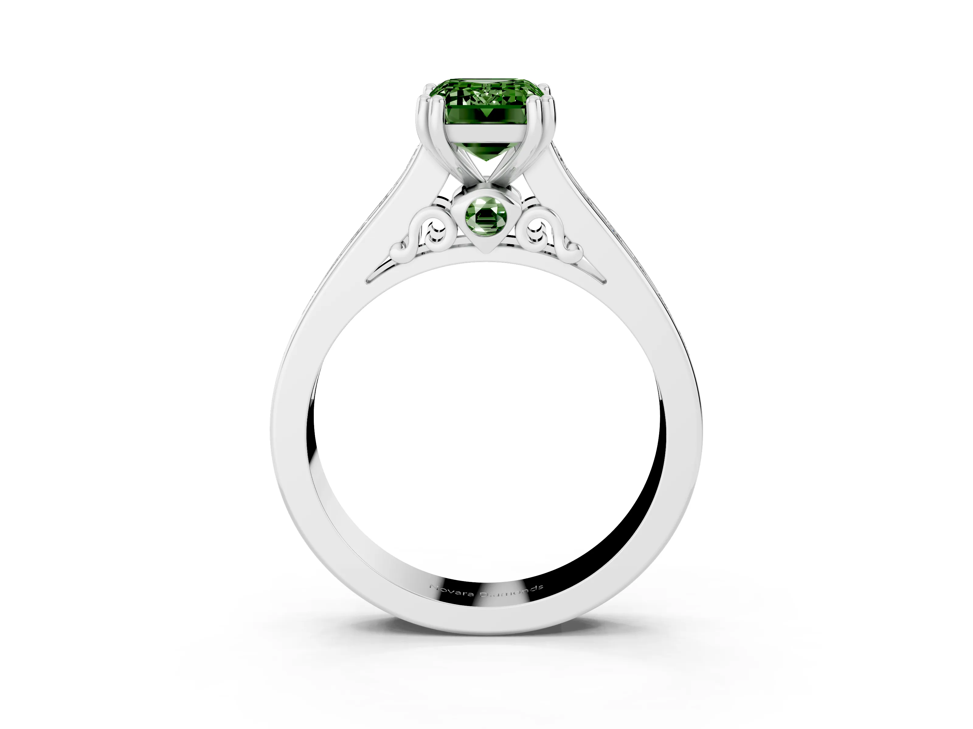 Fancy Green Emerald Cut Diamond Channel Set Solitaire Engagement Ring Set in Platinum with Prong Setting