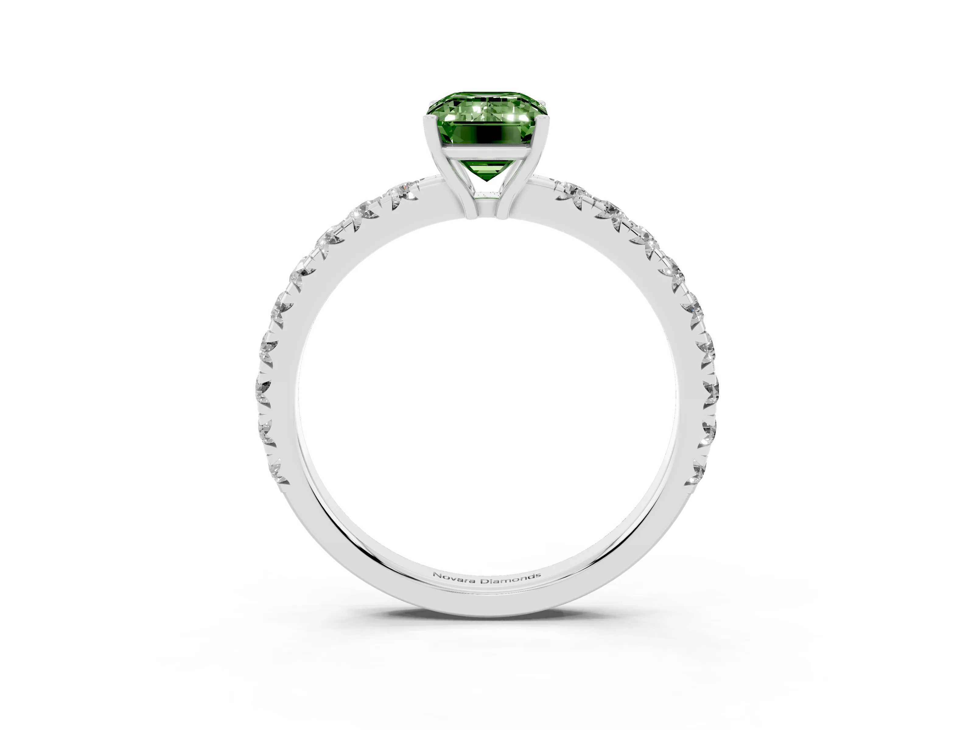 Fancy Green Emerald Cut Diamond Pavé Solitaire Engagement Ring Set in Platinum with Prong Setting