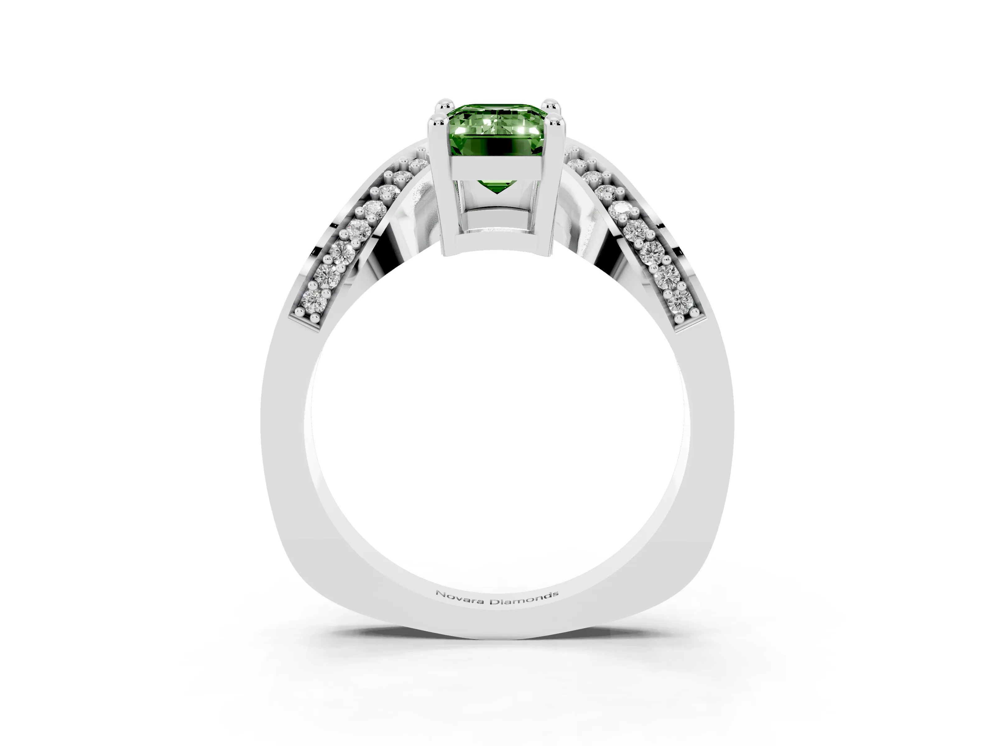 Fancy Green Emerald Cut Diamond Solitaire Engagement Ring Set in Silver with Pavé Shoulders