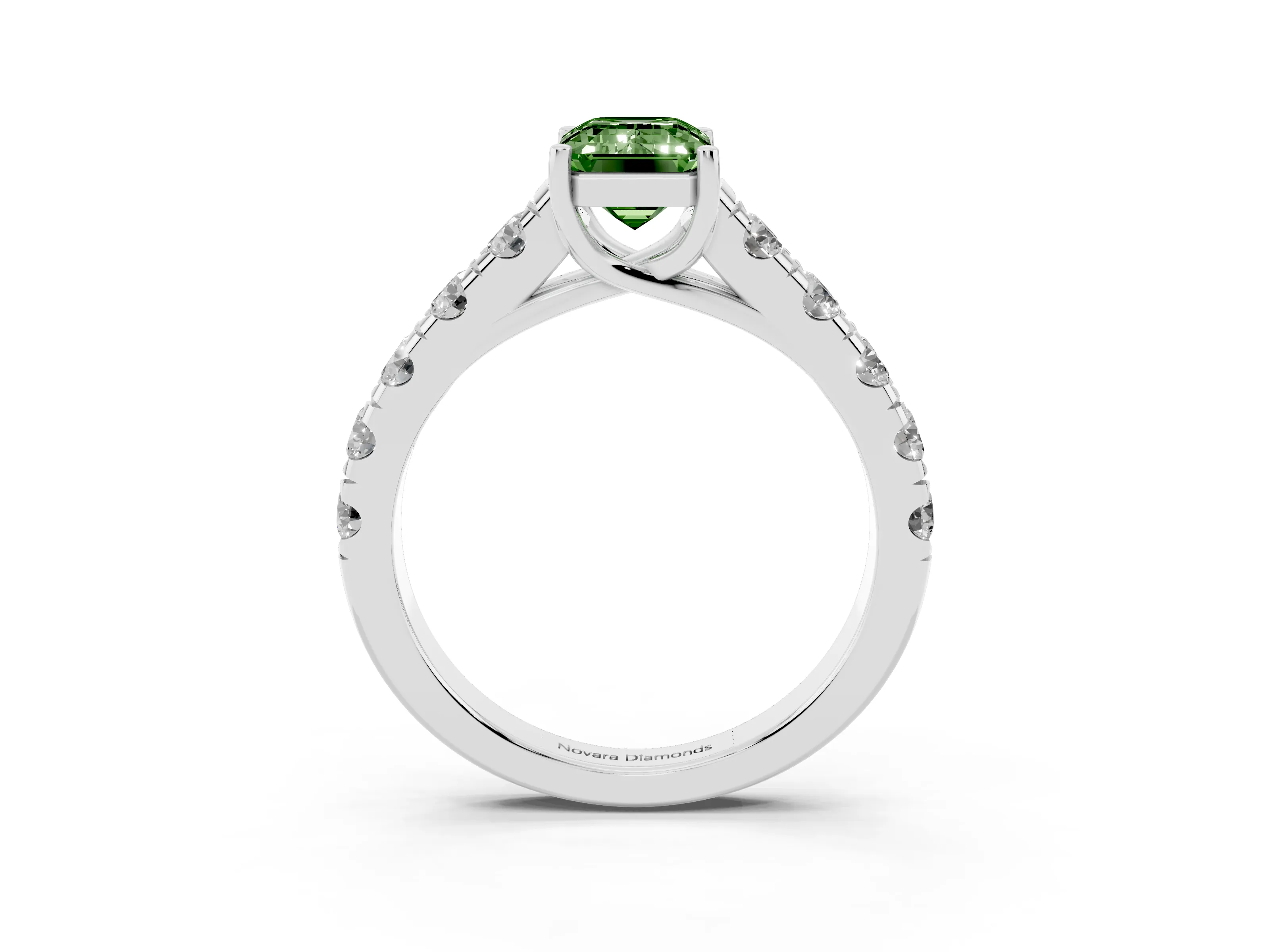 Fancy Green Emerald Cut Diamond Solitaire Ring Set in Silver with Cut-Down Micro Pavé Band and Prong Setting