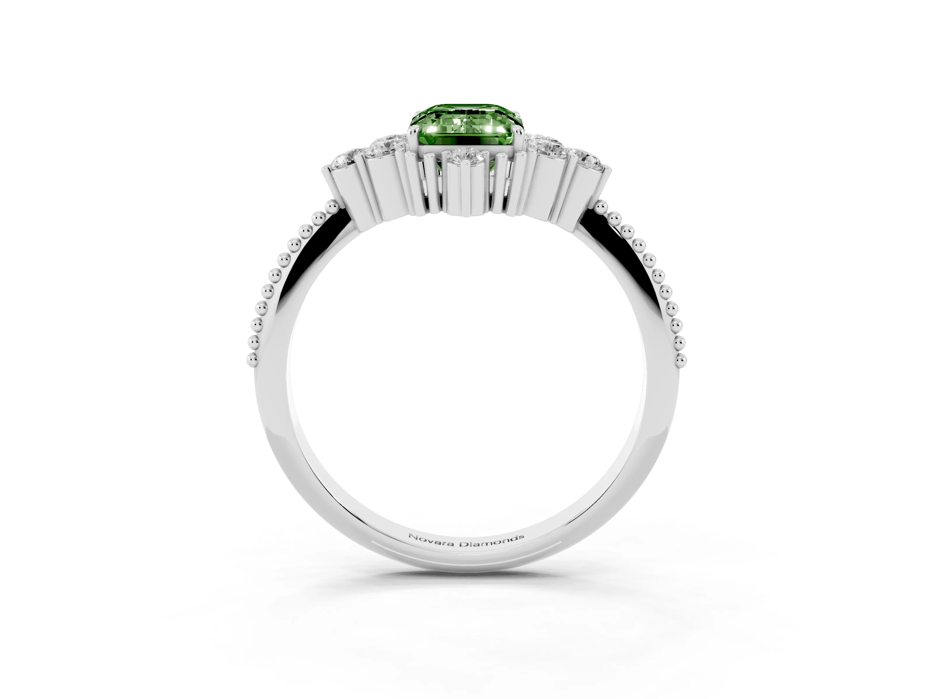 Fancy Green Emerald Cut Diamond Cluster Ring Set in Silver with Beaded Band
