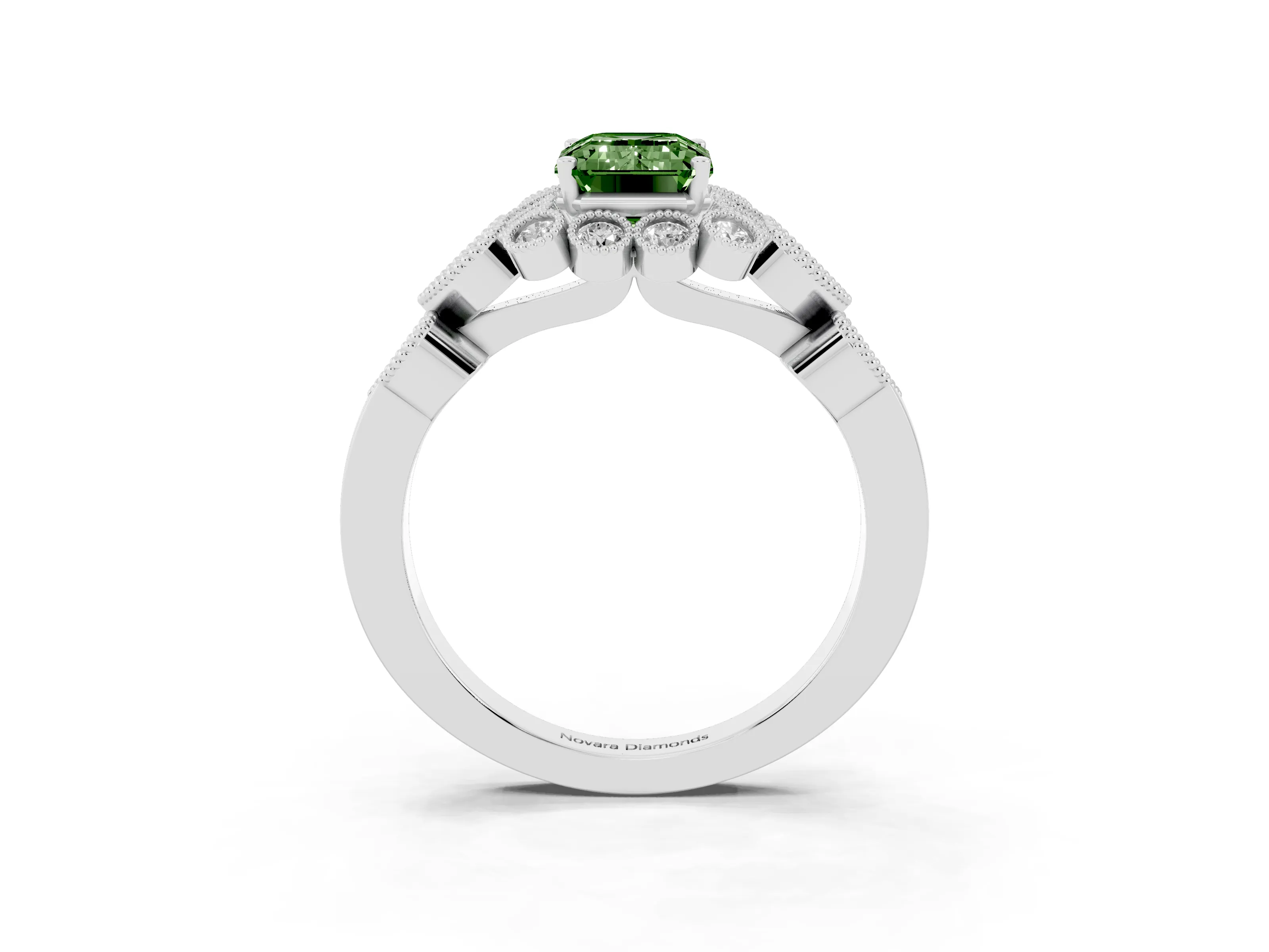 Fancy Green Emerald Cut Diamond Solitaire Ring Set in Silver with Milgrain Pavé Heart Band