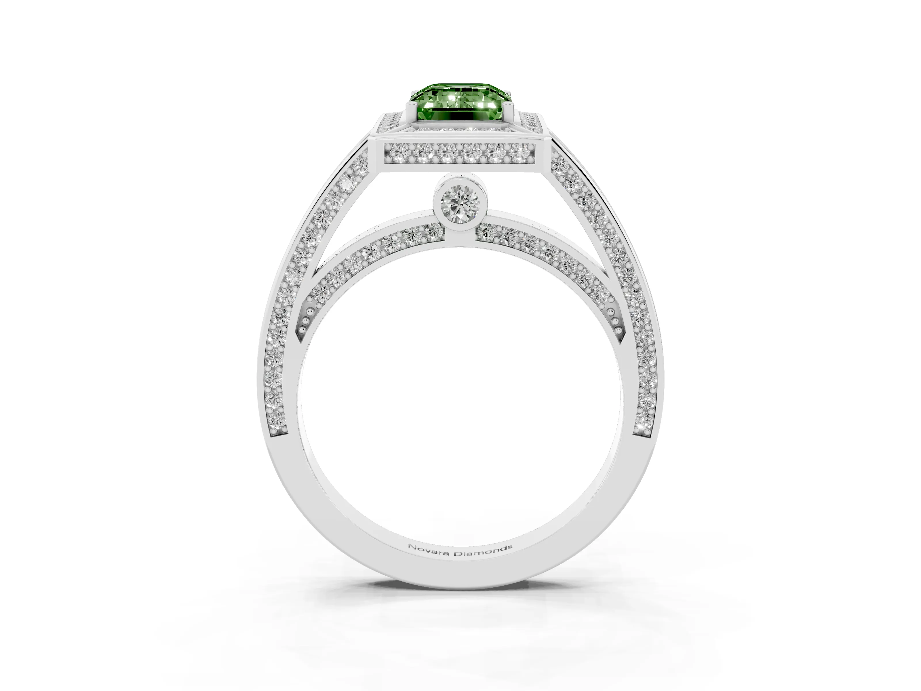 Fancy Green Emerald Cut Diamond Halo Pavé Split Shank Ring Set in Silver with Prong Setting