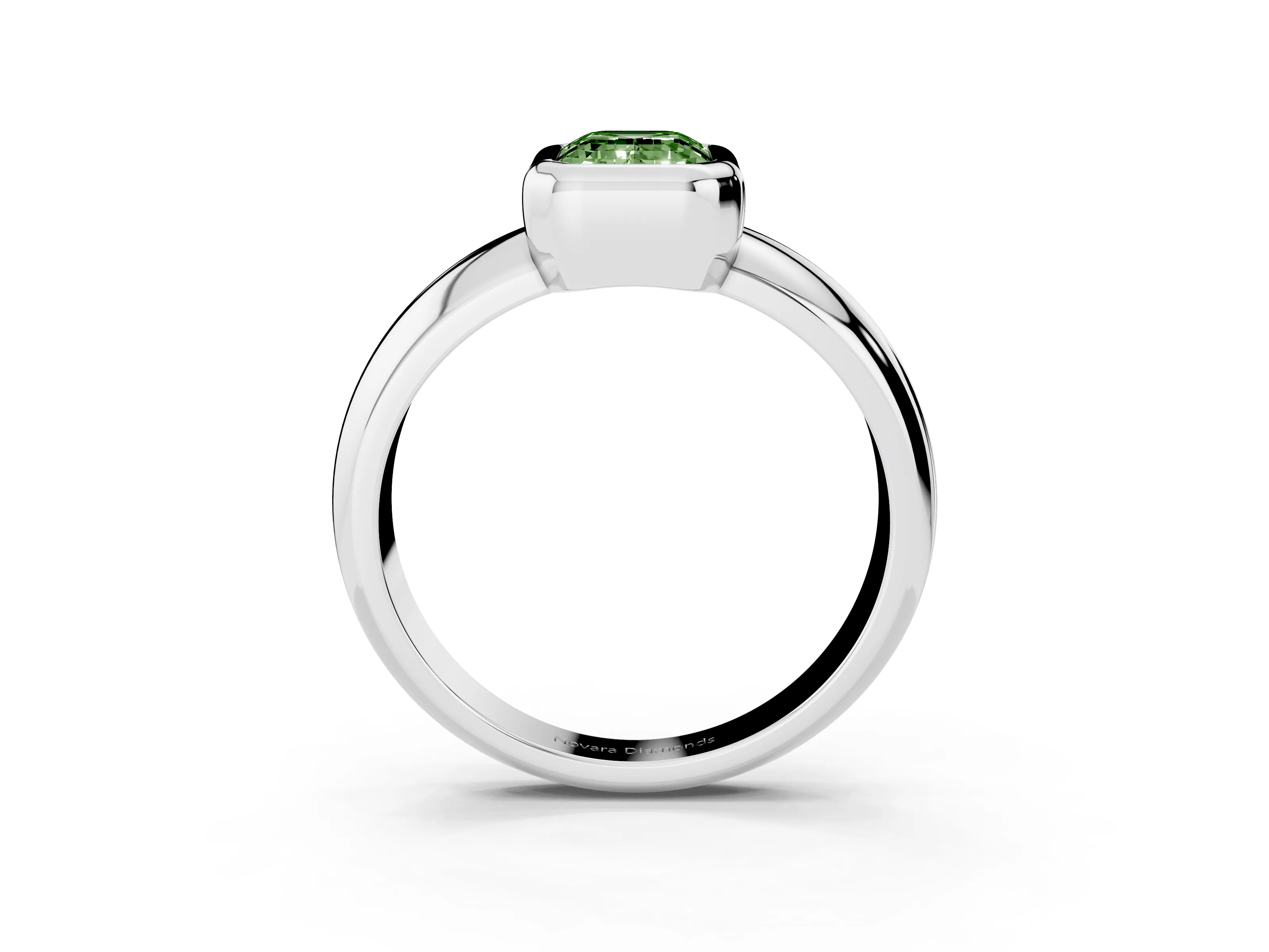 Fancy Green Bezel Set Emerald Cut Diamond Solitaire Ring Set in White gold with Wide Band