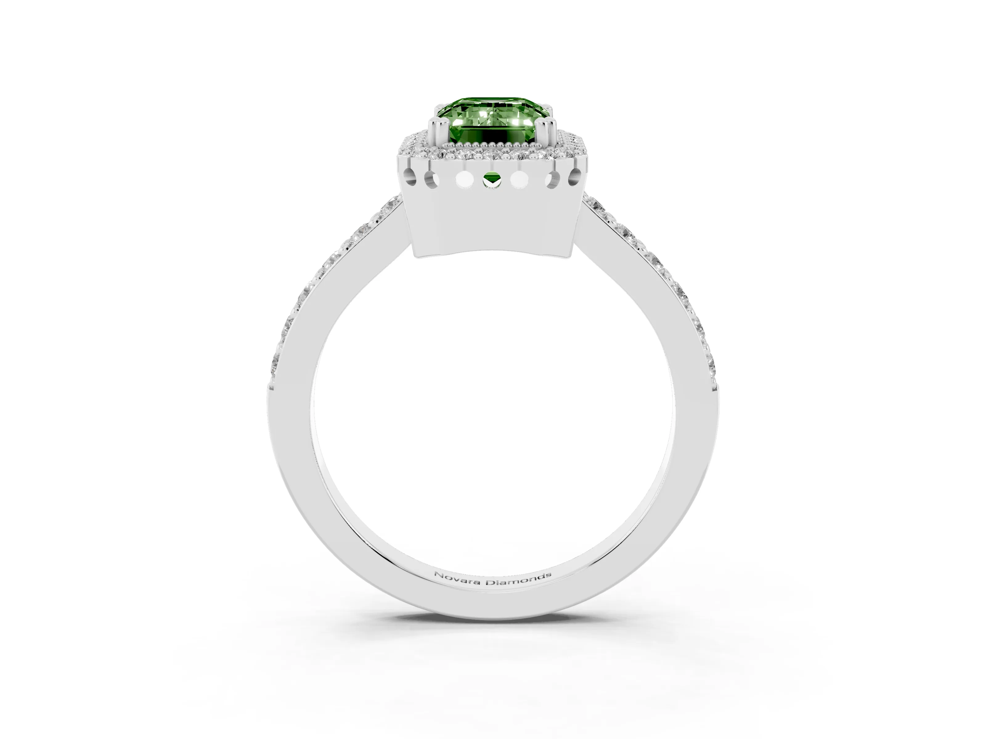 Fancy Green Emerald Cut Diamond Halo Engagement Ring Set in White gold with Milgrain Detail and Pavé Band