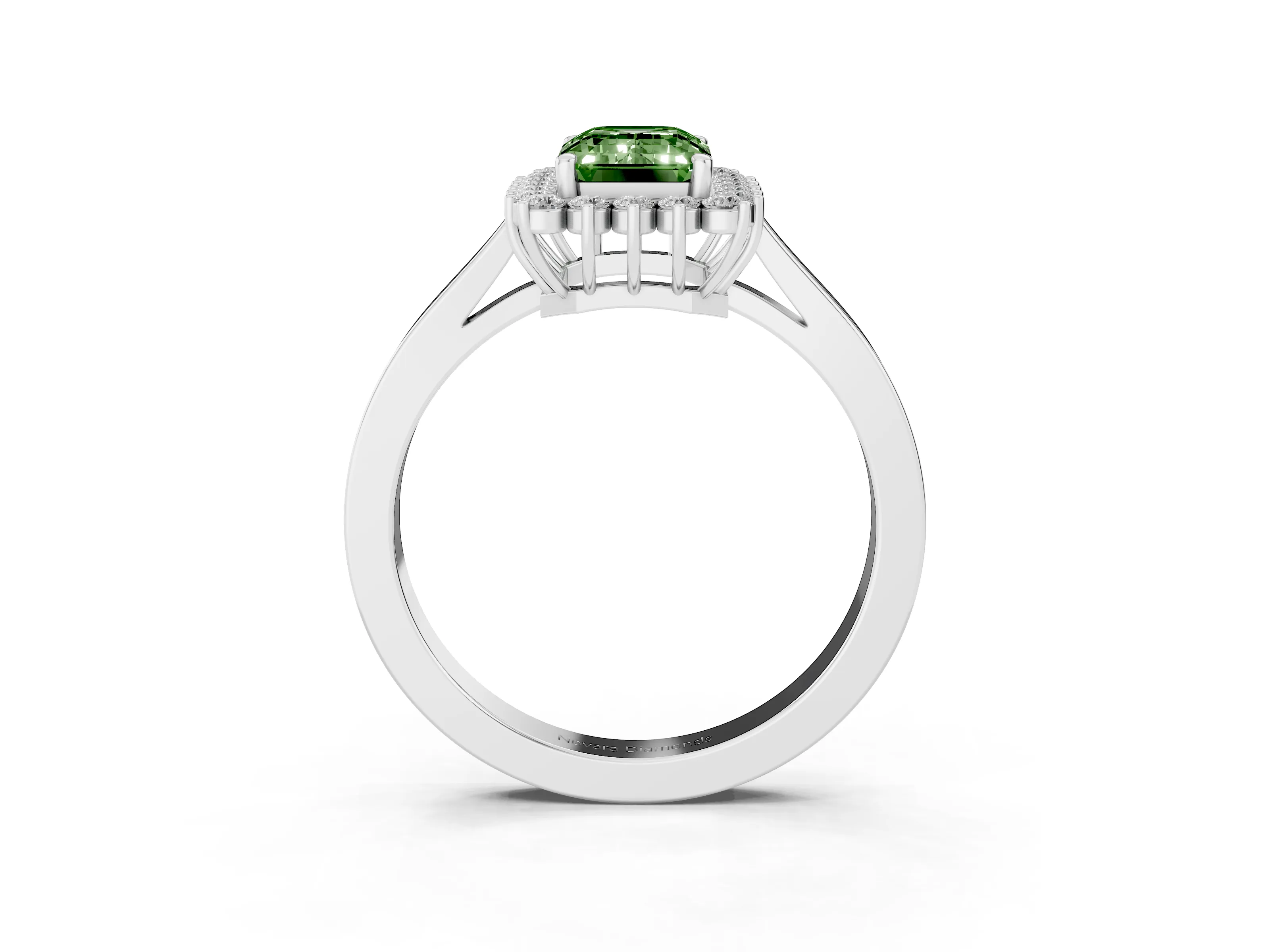 Fancy Green Emerald Cut Diamond Halo Ring Set in Platinum with Round Halo and Smooth Solitaire Band