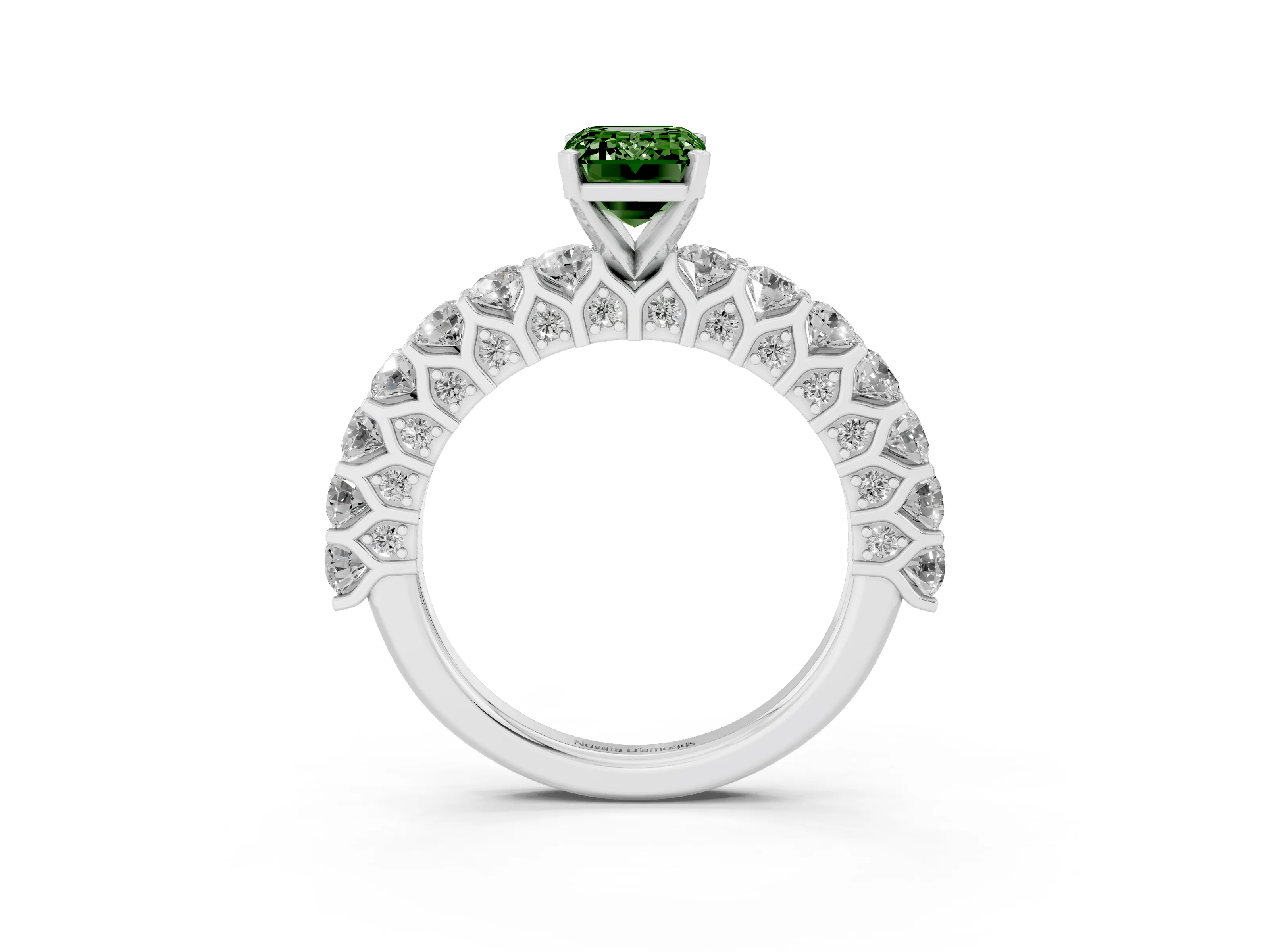 Fancy Green Emerald Cut Diamond Solitaire Ring Set in Silver with Shared Prong Pavé Band