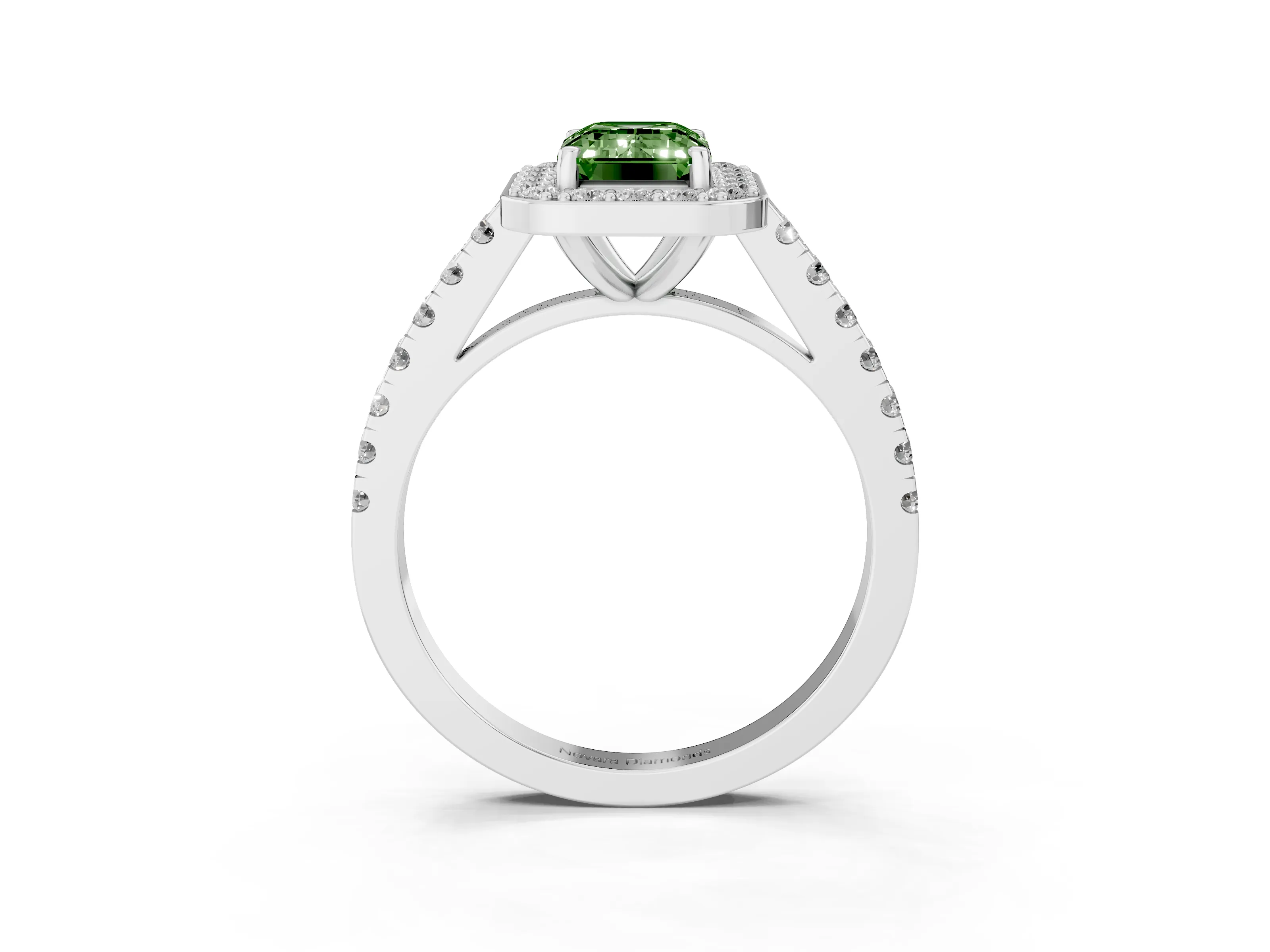 Fancy Green Emerald Cut Diamond Halo Ring Set in White gold with Round Pavé Split Shank and Prong Setting
