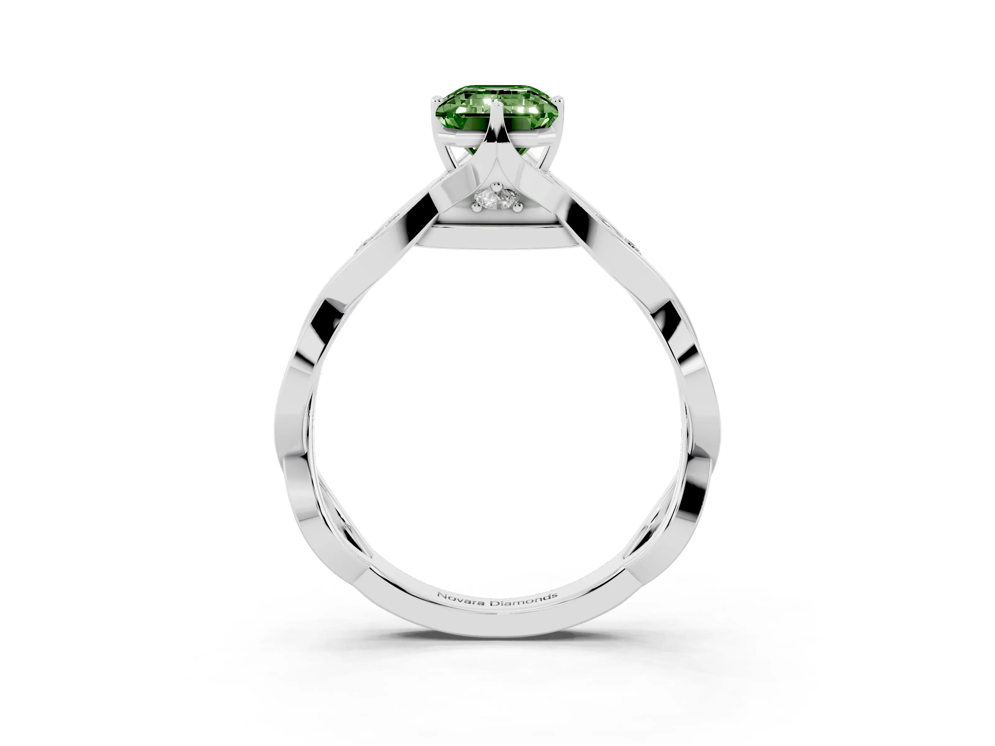 Fancy Green Emerald Cut Diamond Twist Band Solitaire Ring Set in Platinum with Leaf Prong Setting and Accent Stones