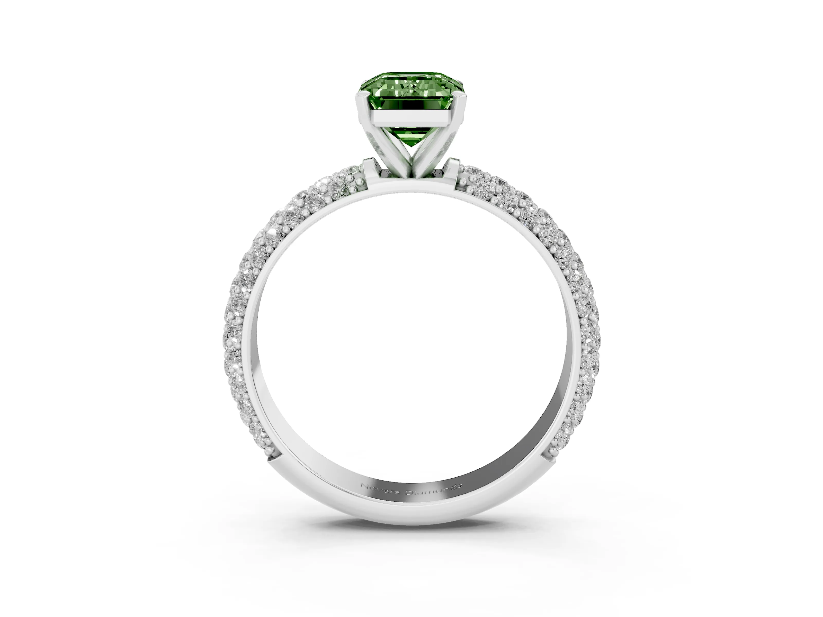 Fancy Green Emerald Cut Diamond Solitaire Ring Set in Platinum with Prong Setting and Pavé-Set Band