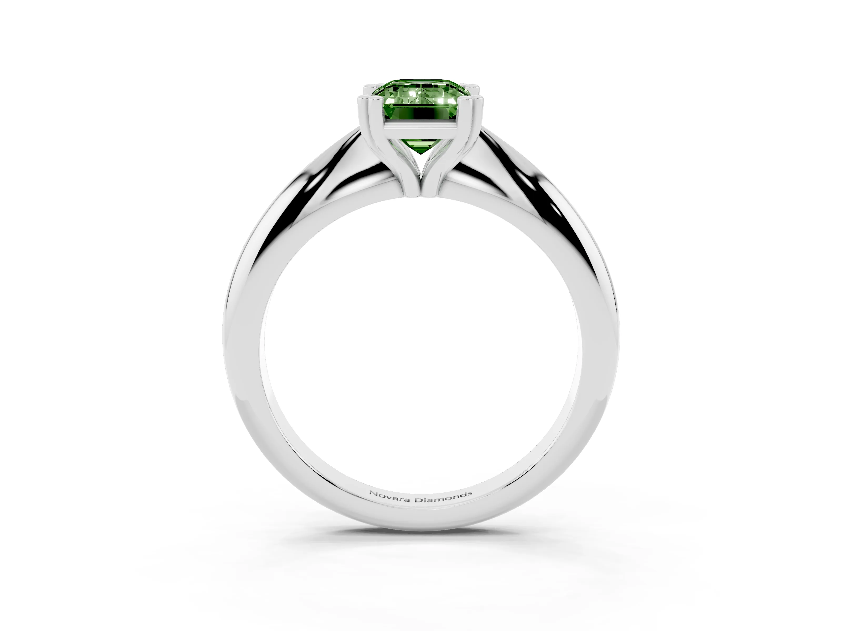 Fancy Green Emerald Cut Diamond Solitaire Engagement Ring Set in Silver with Tapered Band and Prong Setting