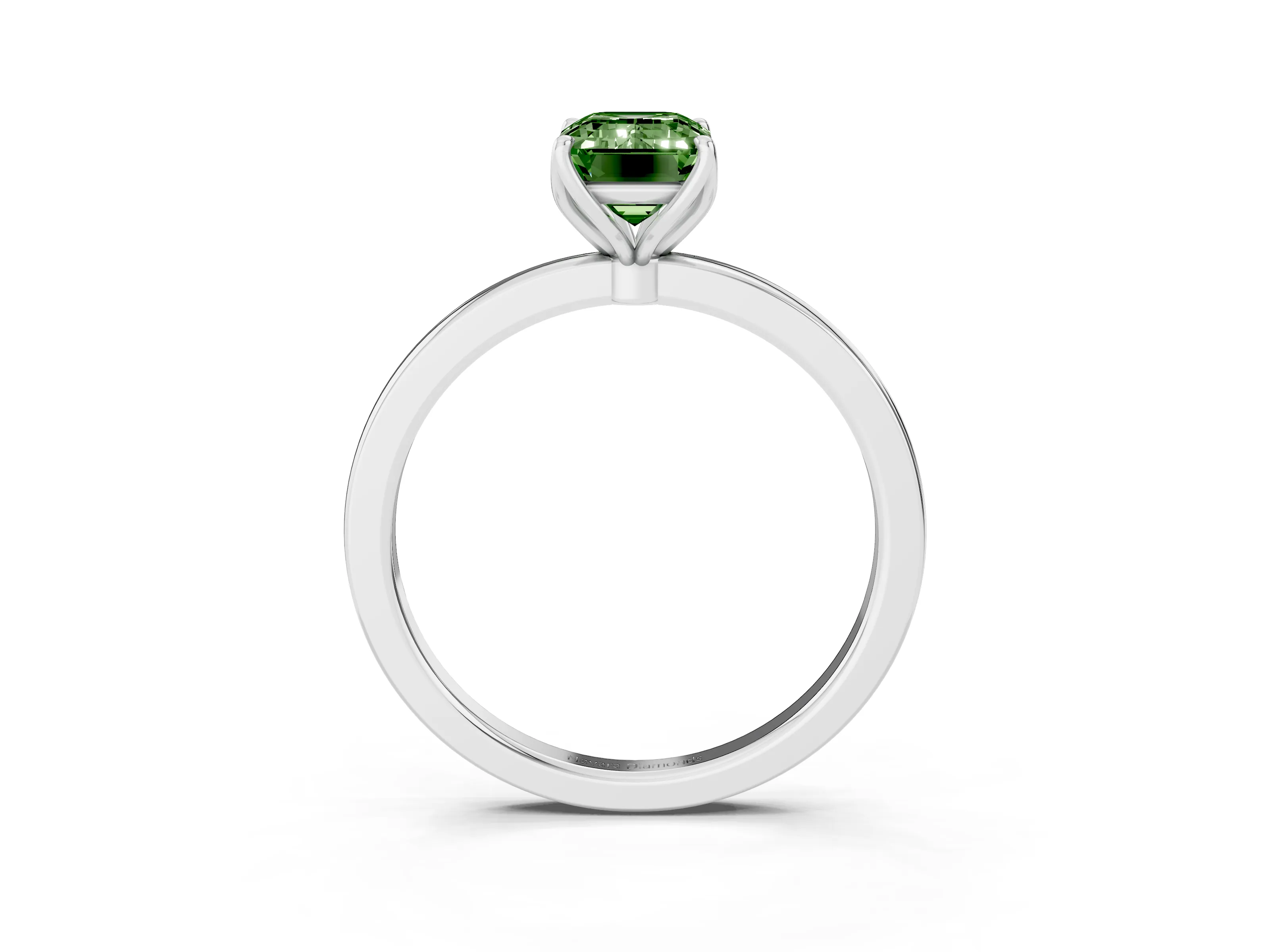 Fancy Green Emerald Cut Diamond Solitaire Ring Set in White gold with Prong Setting and Thin Polished Band