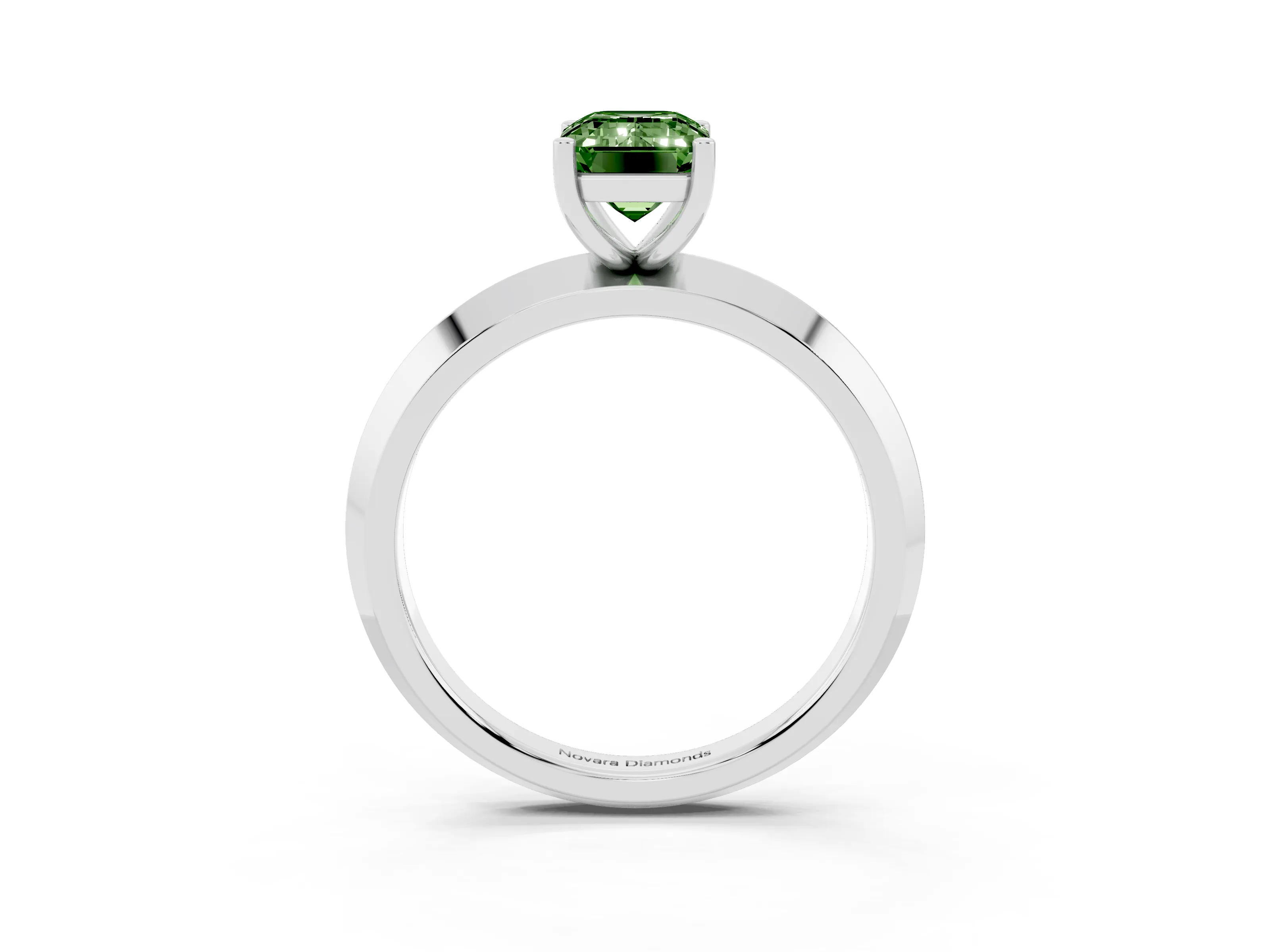 Fancy Green Emerald Cut Diamond Solitaire Engagement Ring Set in White gold with Flat Band and Prong Setting