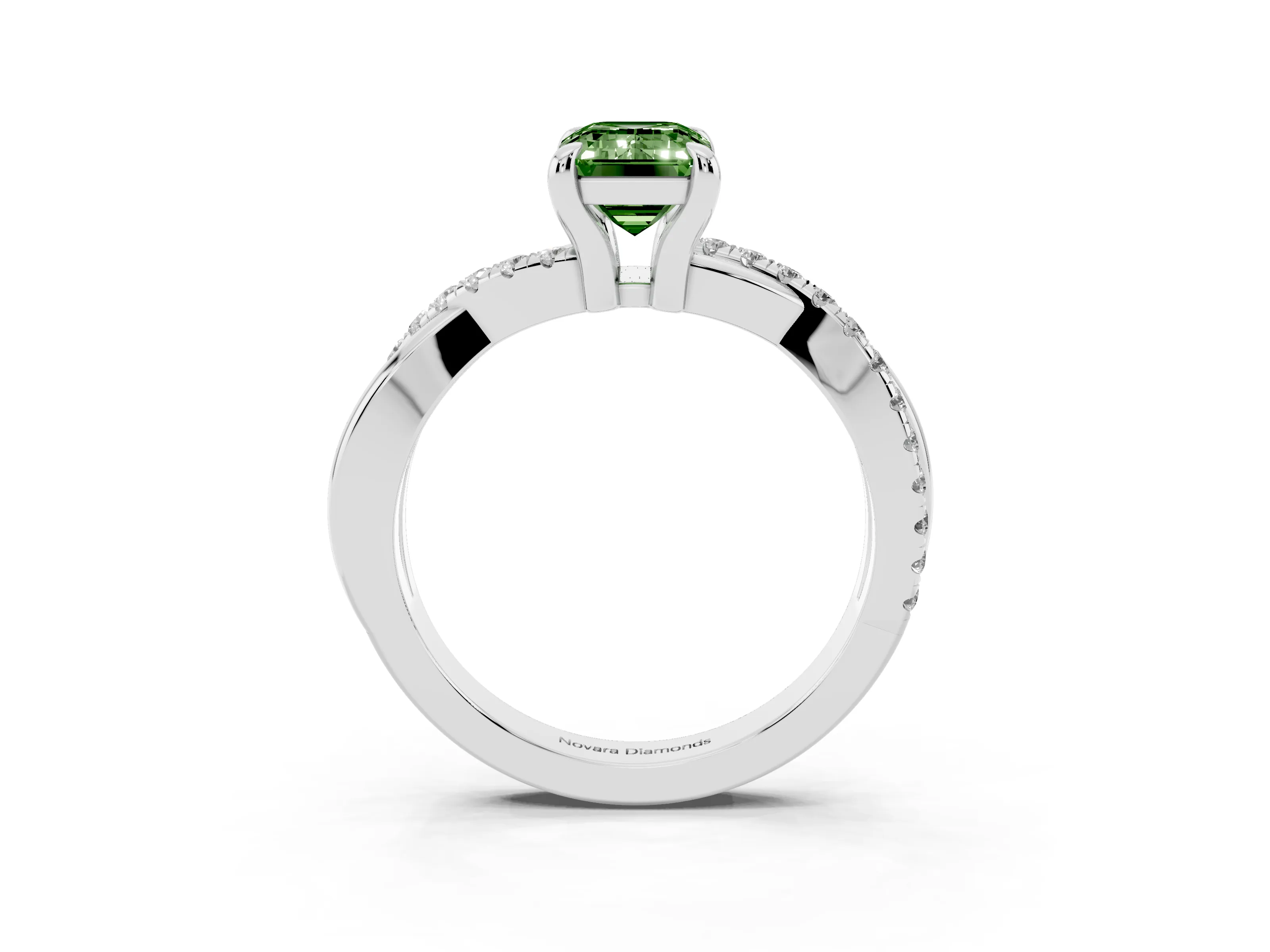 Fancy Green Emerald Cut Diamond Twist Band Pavé Solitaire Ring Set in Silver with Prong Setting