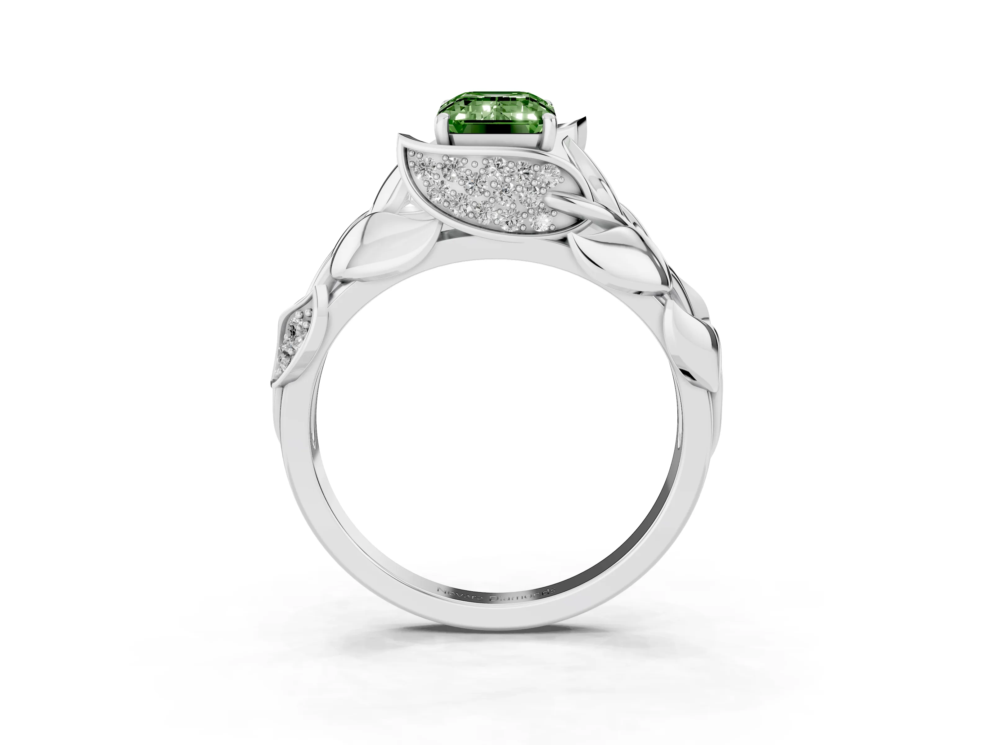 Fancy Green Emerald Cut Diamond Leaf-Inspired Engagement Ring Set in White gold with Round Accents