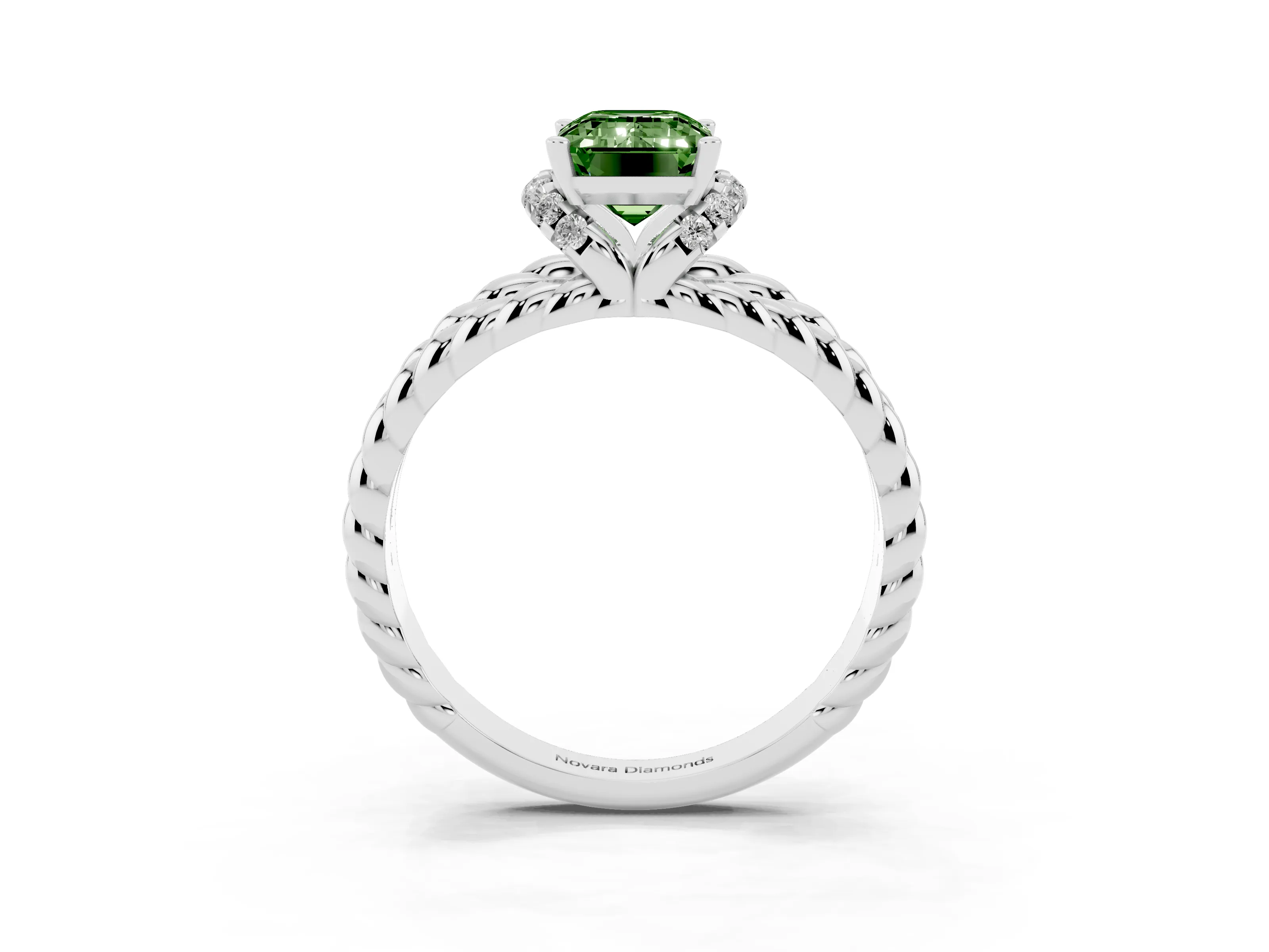 Fancy Green Emerald Cut Diamond Halo Ring Set in White gold with Twisted Band and Prong Setting
