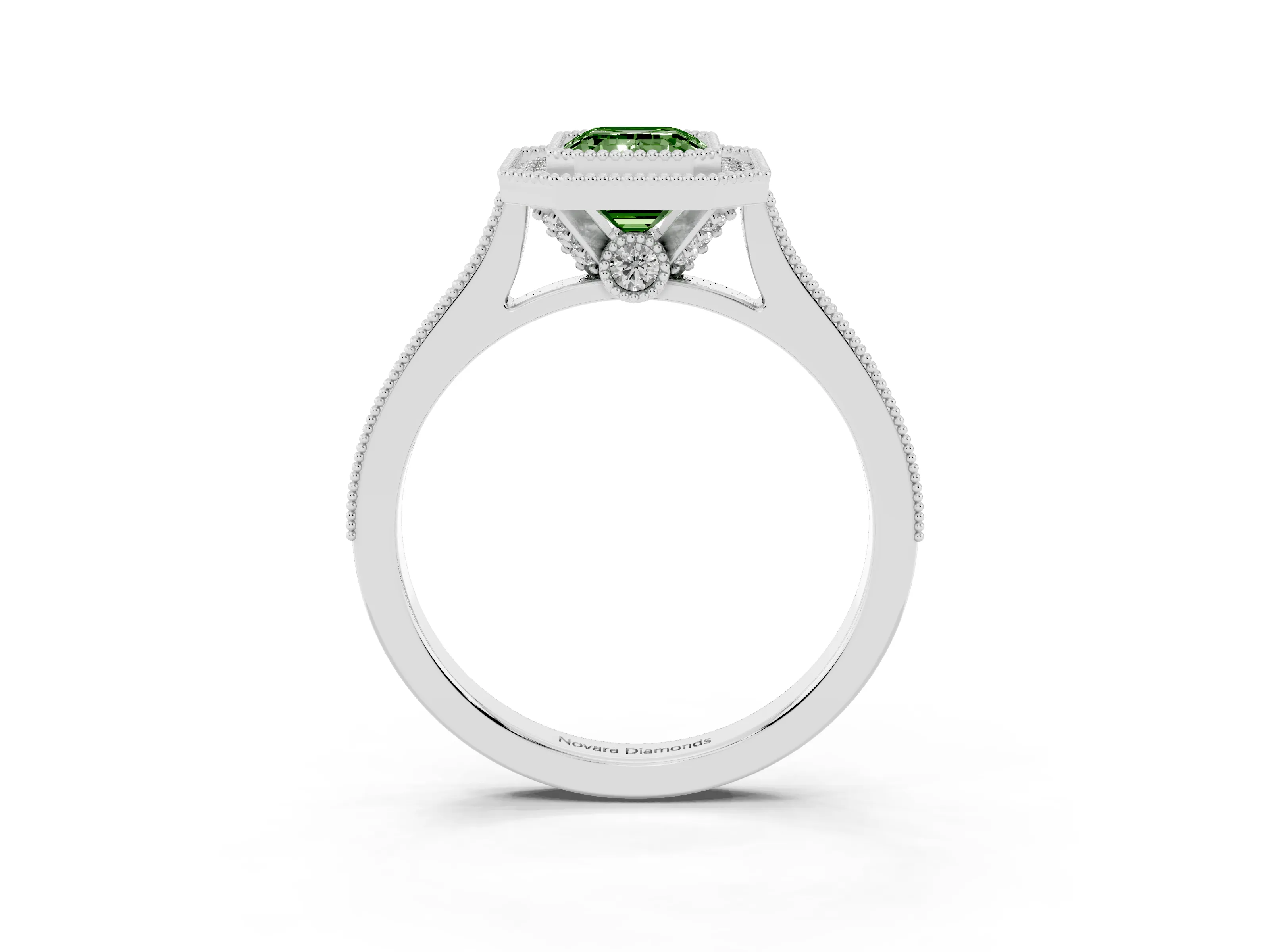 Fancy Green Emerald Cut Diamond Halo Milgrain Pavé Band Ring Set in White gold with Prong Setting