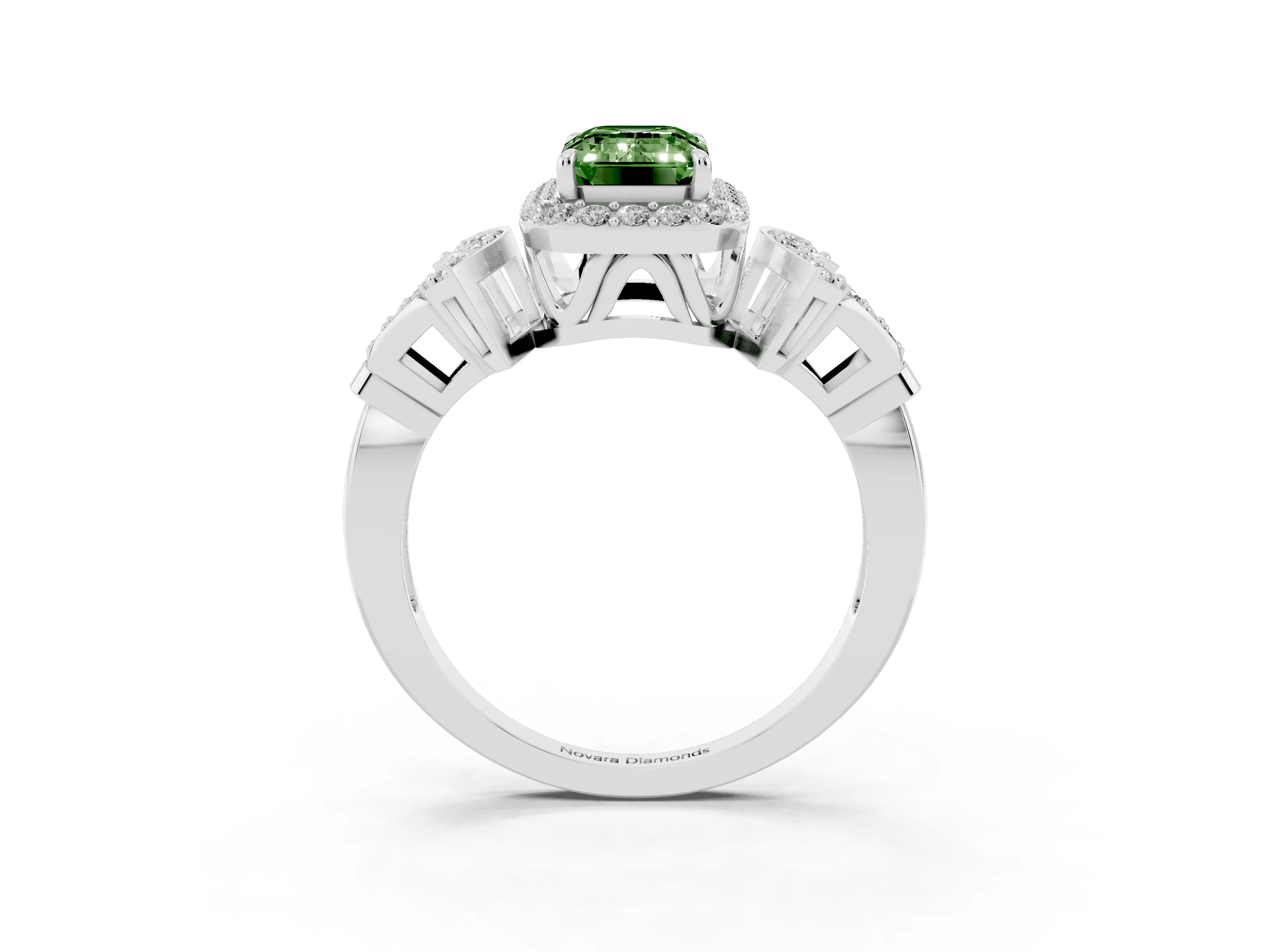 Fancy Green Emerald Cut Diamond Halo Engagement Ring Set in White gold with Accent Stone Split Shank