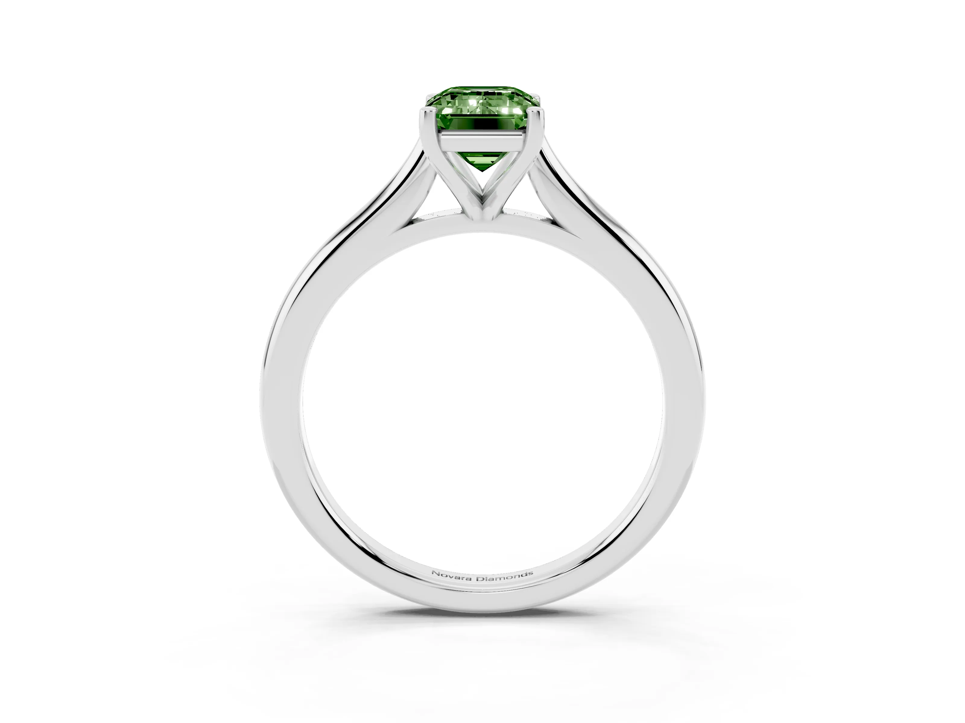 Fancy Green Emerald Cut Diamond Solitaire Ring Set in Silver with Cathedral Band and Prong Setting