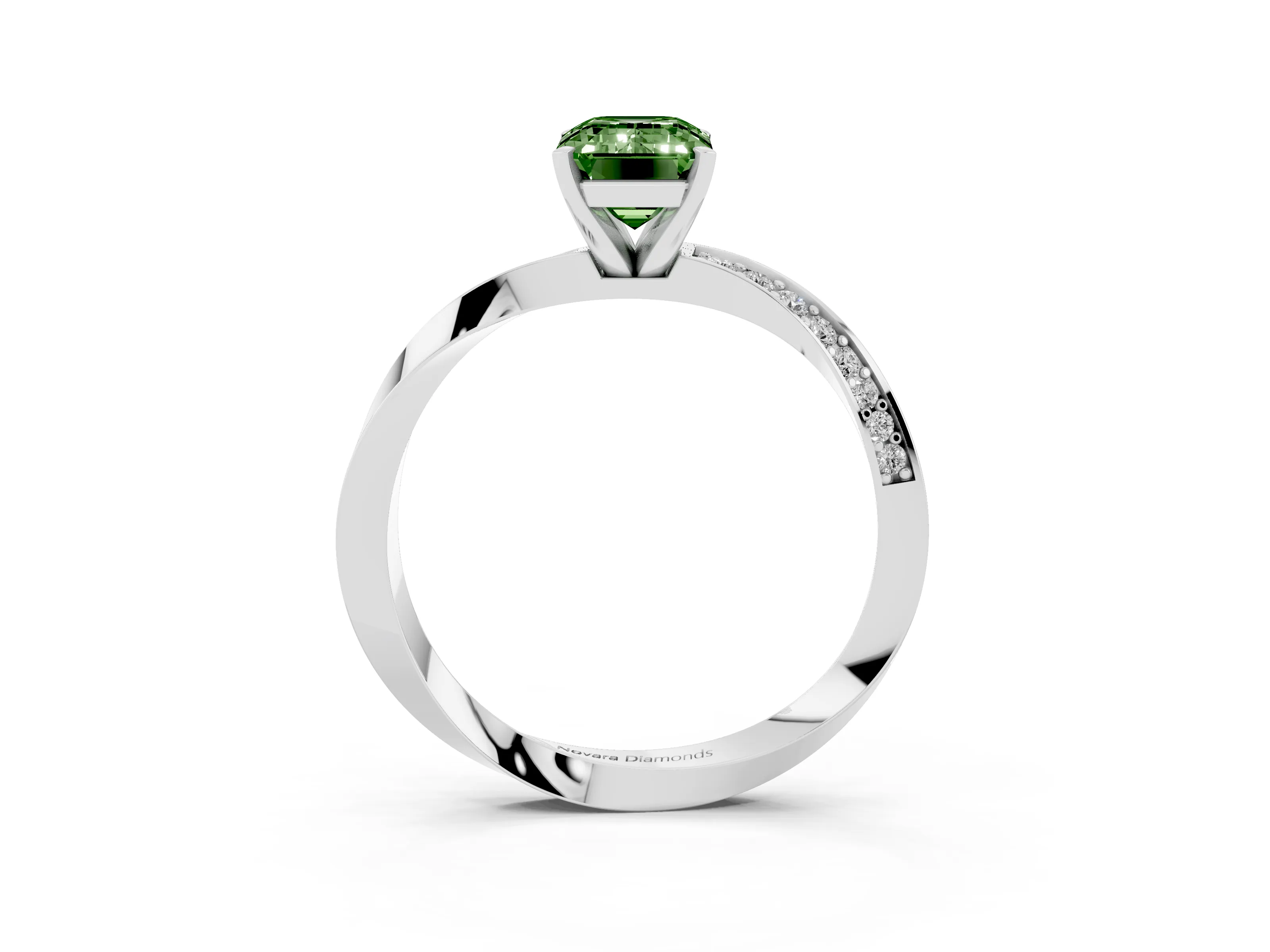 Fancy Green Emerald Cut Diamond Engagement Ring Set in White gold with Side Stone Accents and Prong Setting