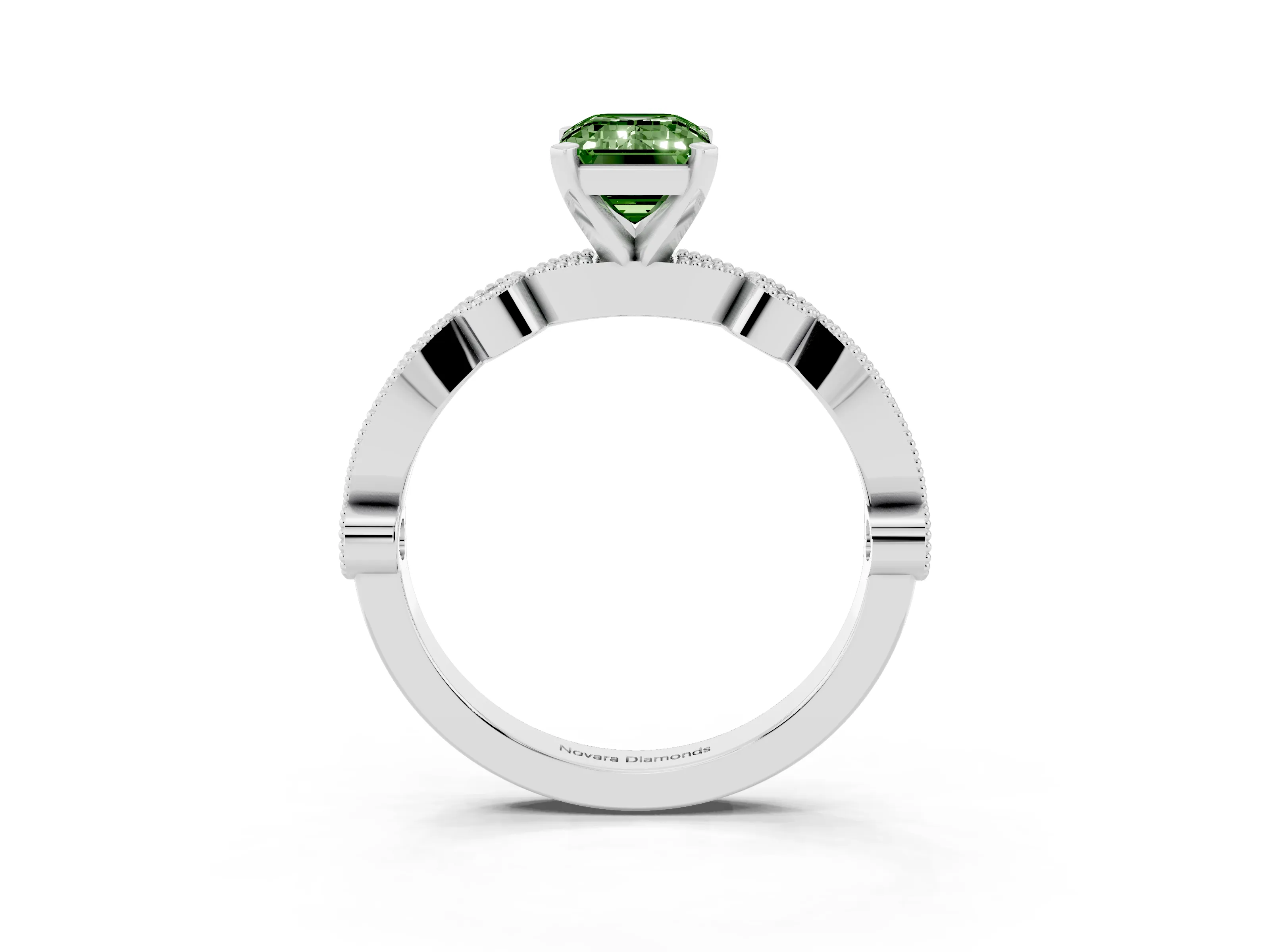 Fancy Green Emerald Cut Diamond Solitaire Engagement Ring Set in Silver with Milgrain Bezel Accent Band