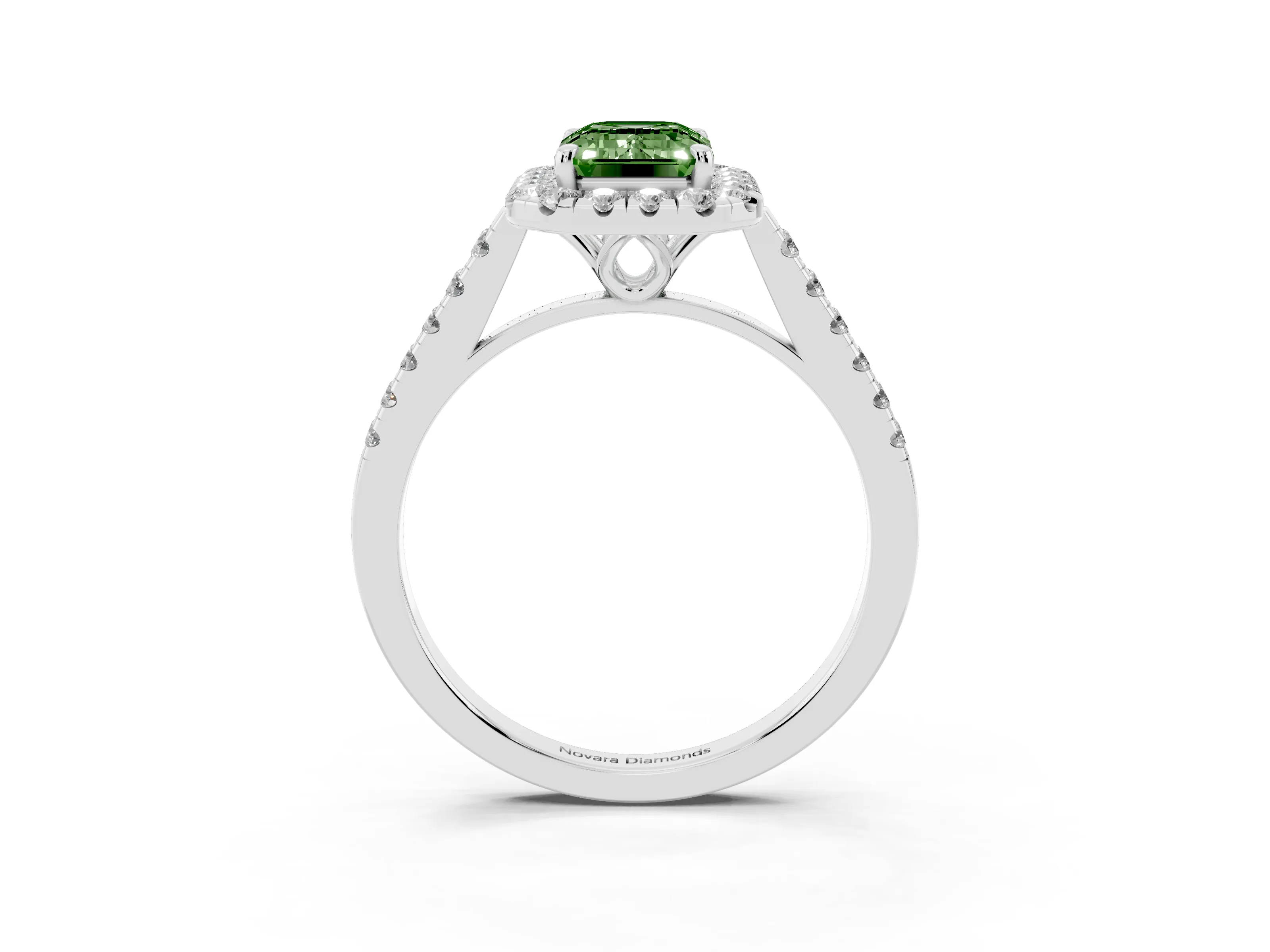 Fancy Green Emerald Cut Diamond Pavé Halo Engagement Ring Set in Platinum with Pavé Band and Prong Setting