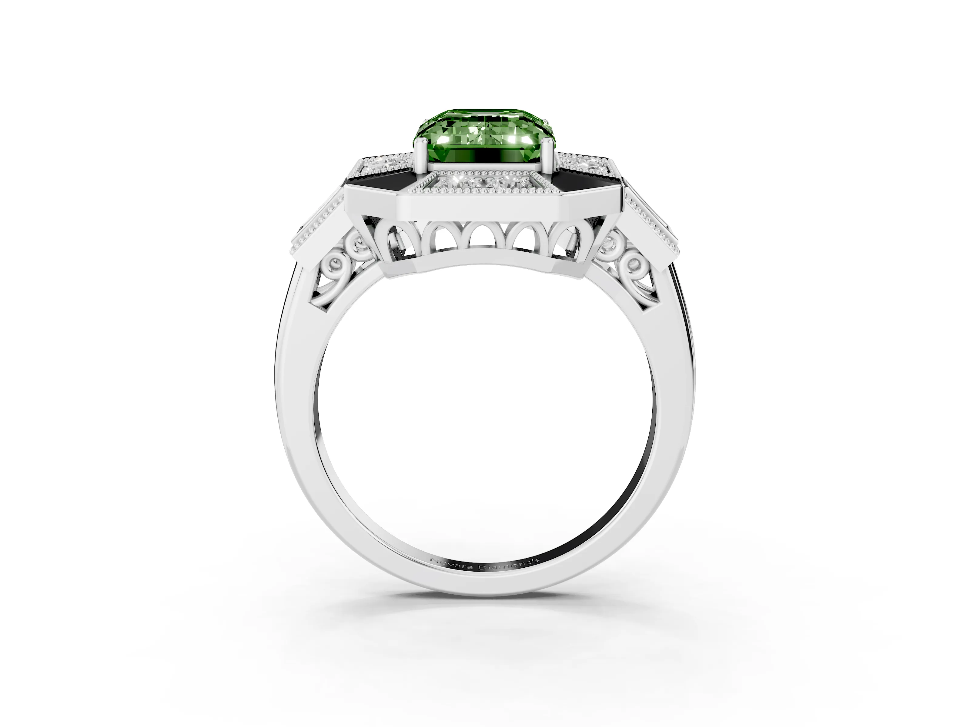 Fancy Green Emerald Cut Diamond Milgrain Halo Ring Set in Silver with Split Shank