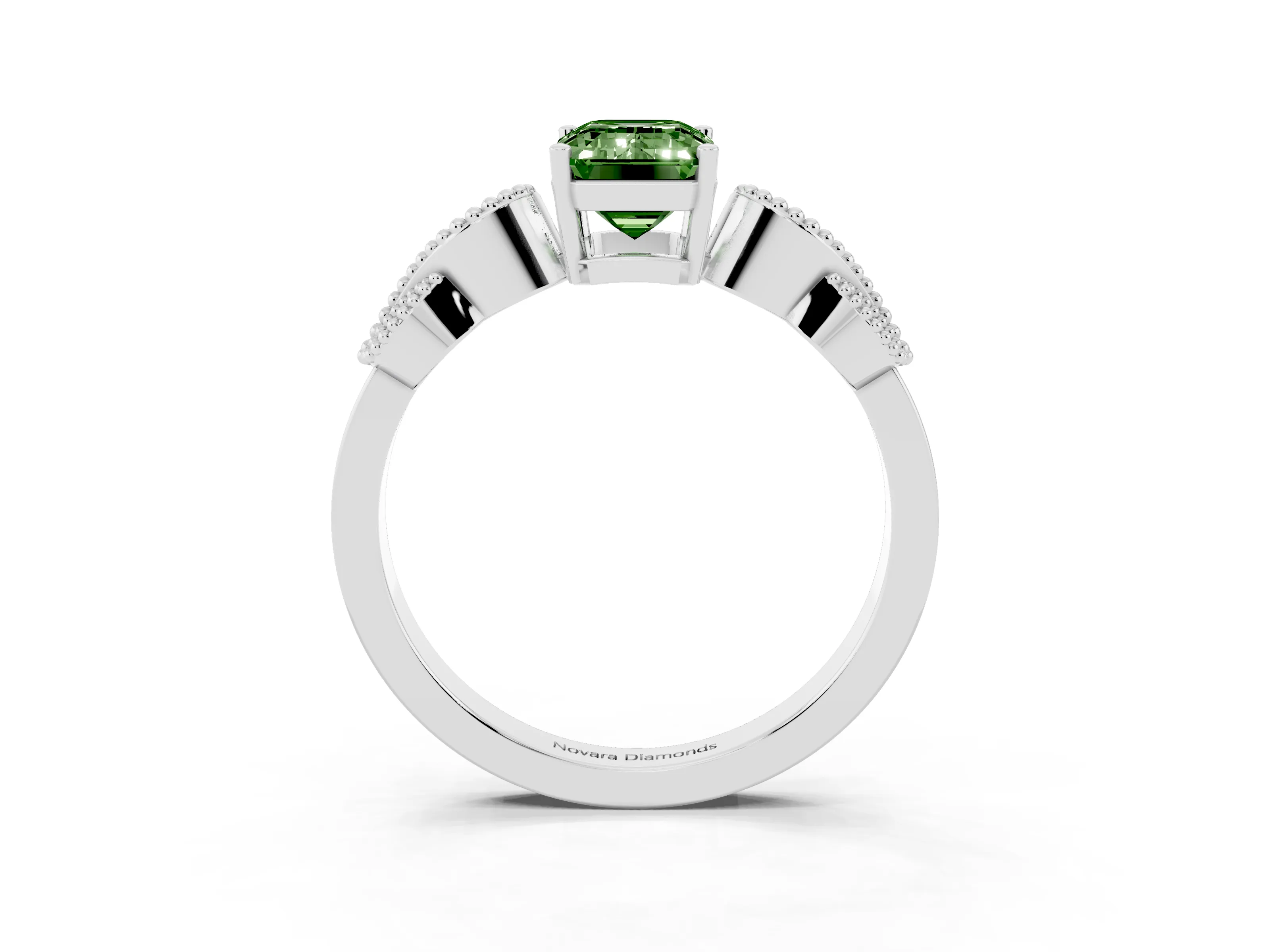 Fancy Green Emerald Cut Diamond Milgrain Leaf Band Solitaire Ring Set in White gold with Accent Stones and Prong Setting