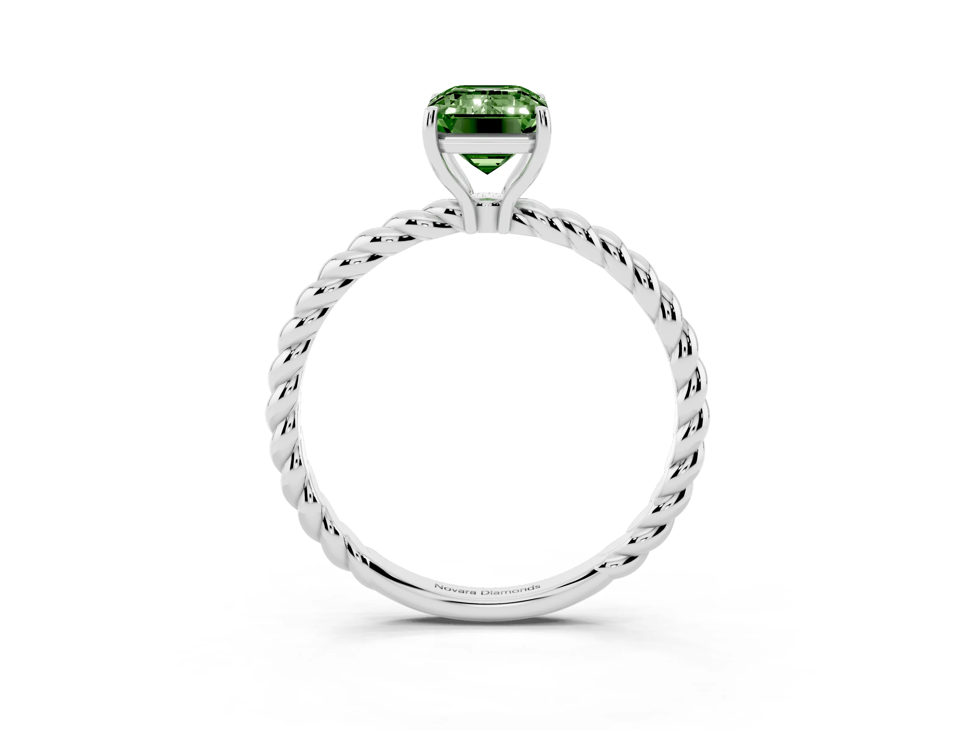 Fancy Green Emerald Cut Diamond Solitaire Ring Set in White gold with Twist Band and Prong Setting