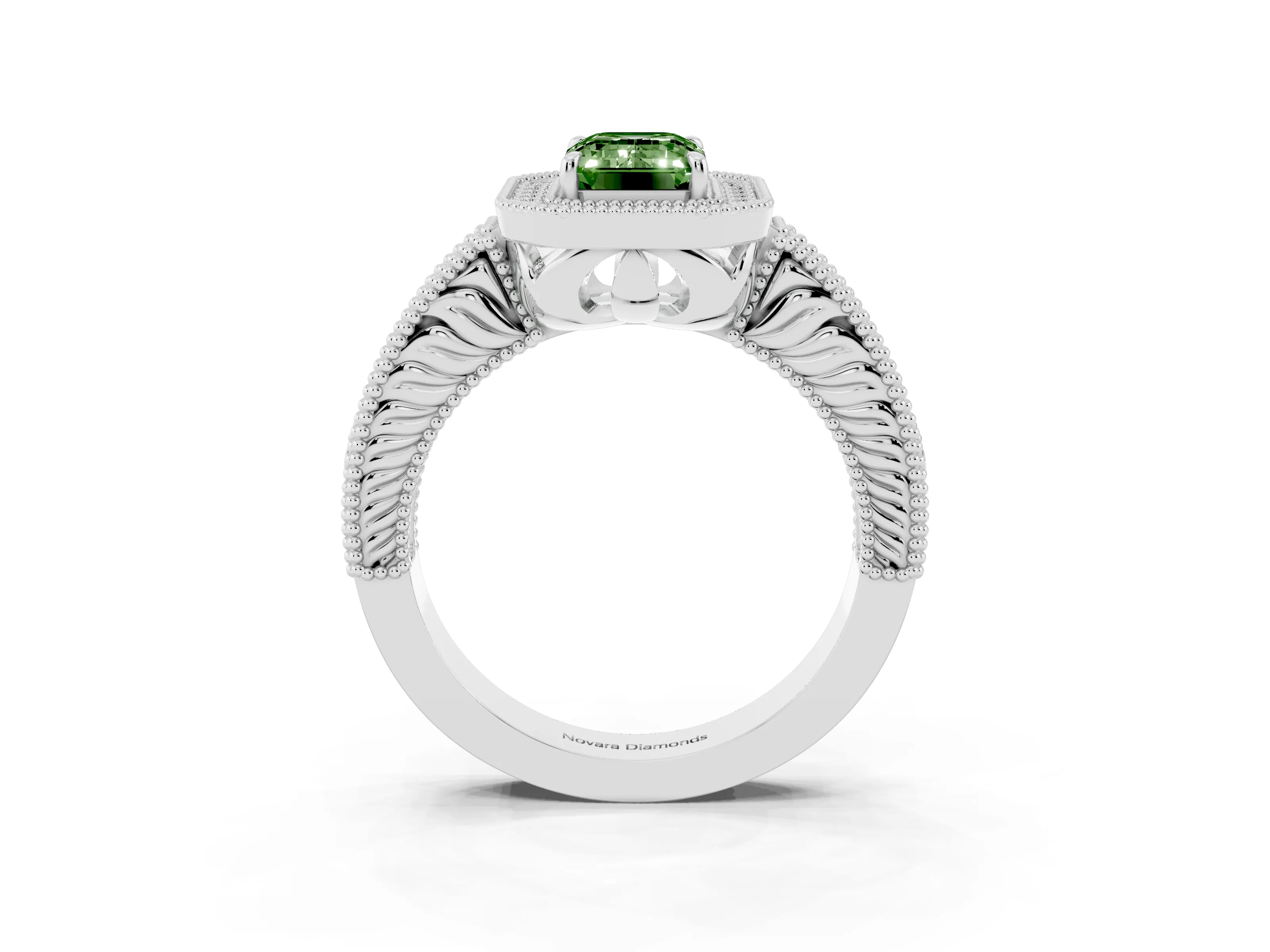 Fancy Green Emerald Cut Diamond Halo Ring Set in Silver with Round Accent Halo, Pavé Band and Prong Setting