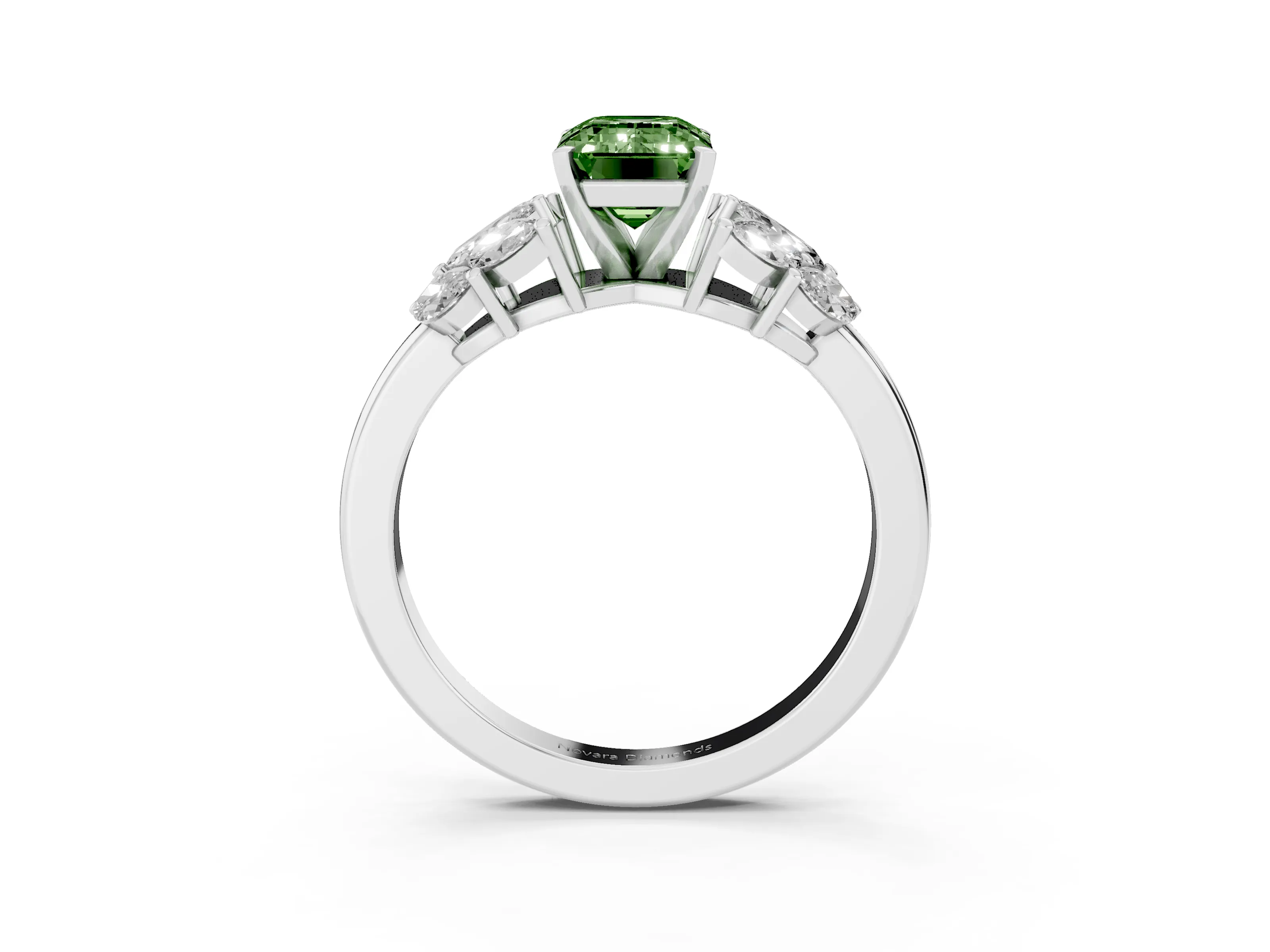 Fancy Green Emerald Cut Diamond Cluster Leaf Design Ring Set in Platinum with Prong Setting