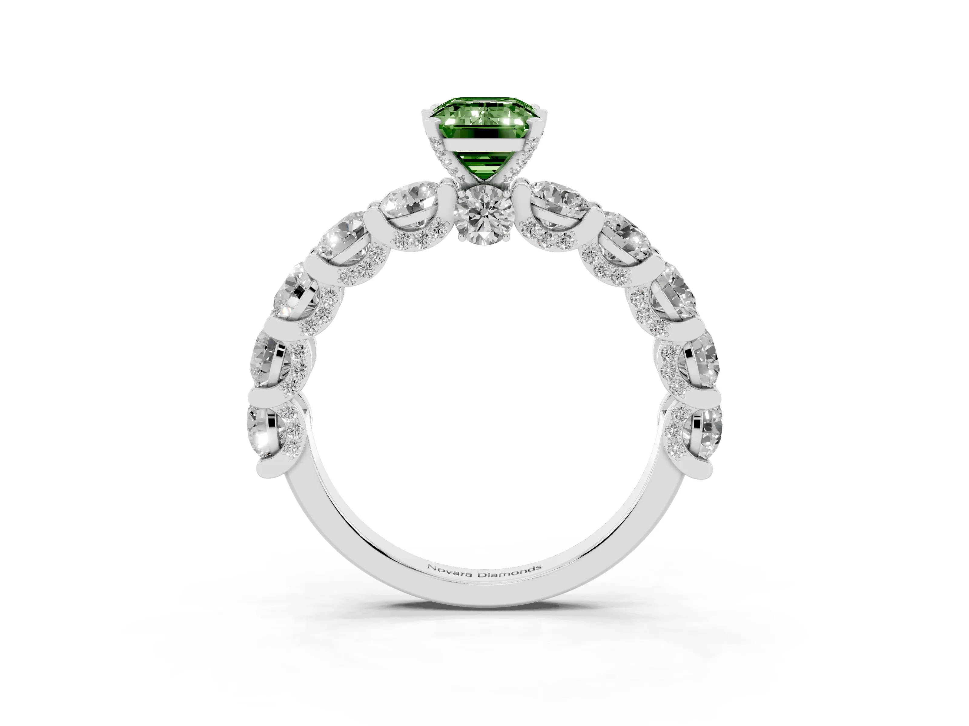 Fancy Green Emerald Cut Diamond Side Stone Ring Set in Platinum with Alternating Round and Oval Side Stones