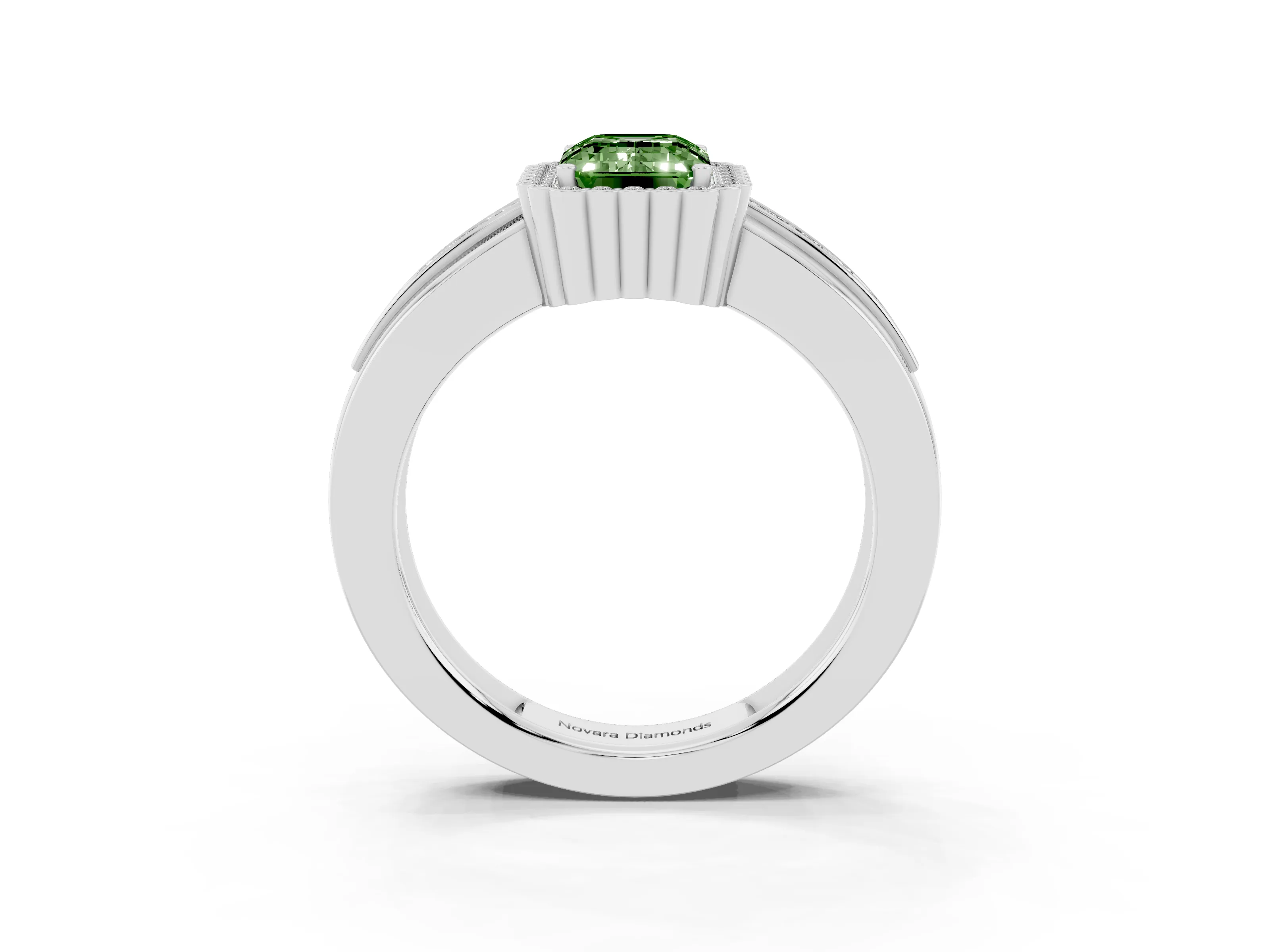 Fancy Green Emerald Cut Diamond Halo Prong Ring Set in Silver with Pavé Band