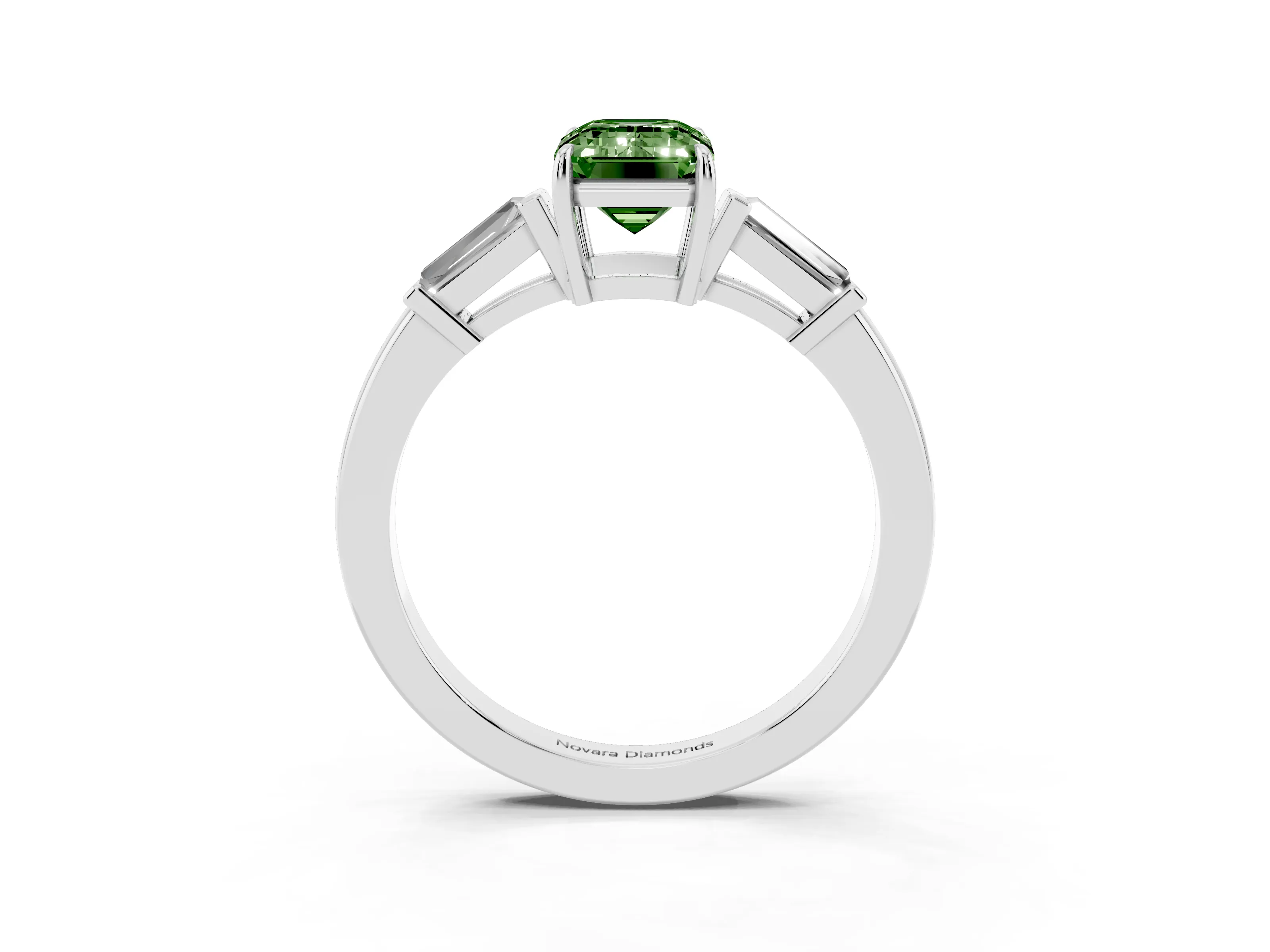 Fancy Green Emerald Cut Diamond Three-Stone Ring Set in Platinum with Tapered Baguette Side Stones and Prong Setting