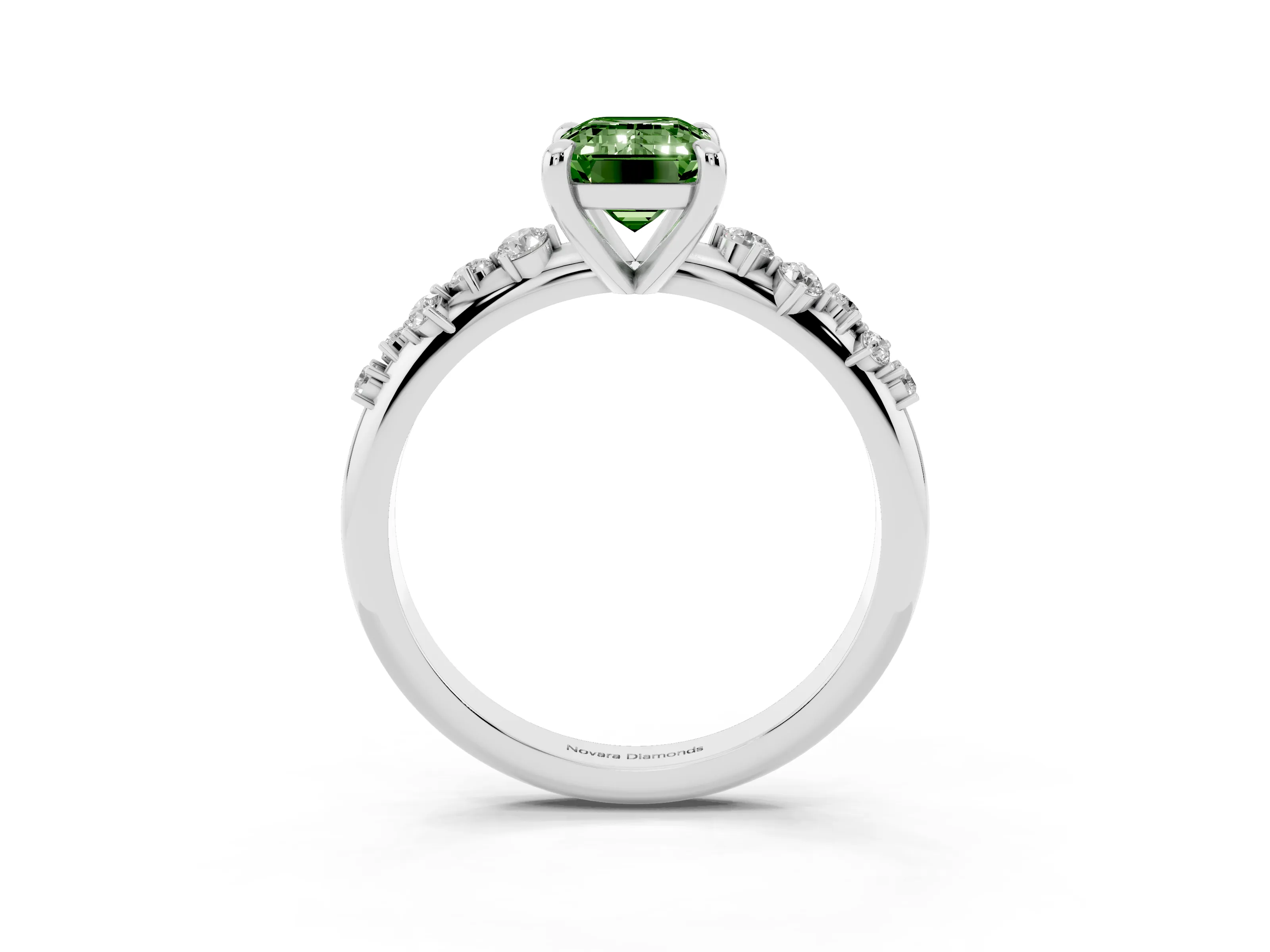 Fancy Green Emerald Cut Diamond Solitaire Vine Band Ring Set in White gold with Round Accents and Prong Setting