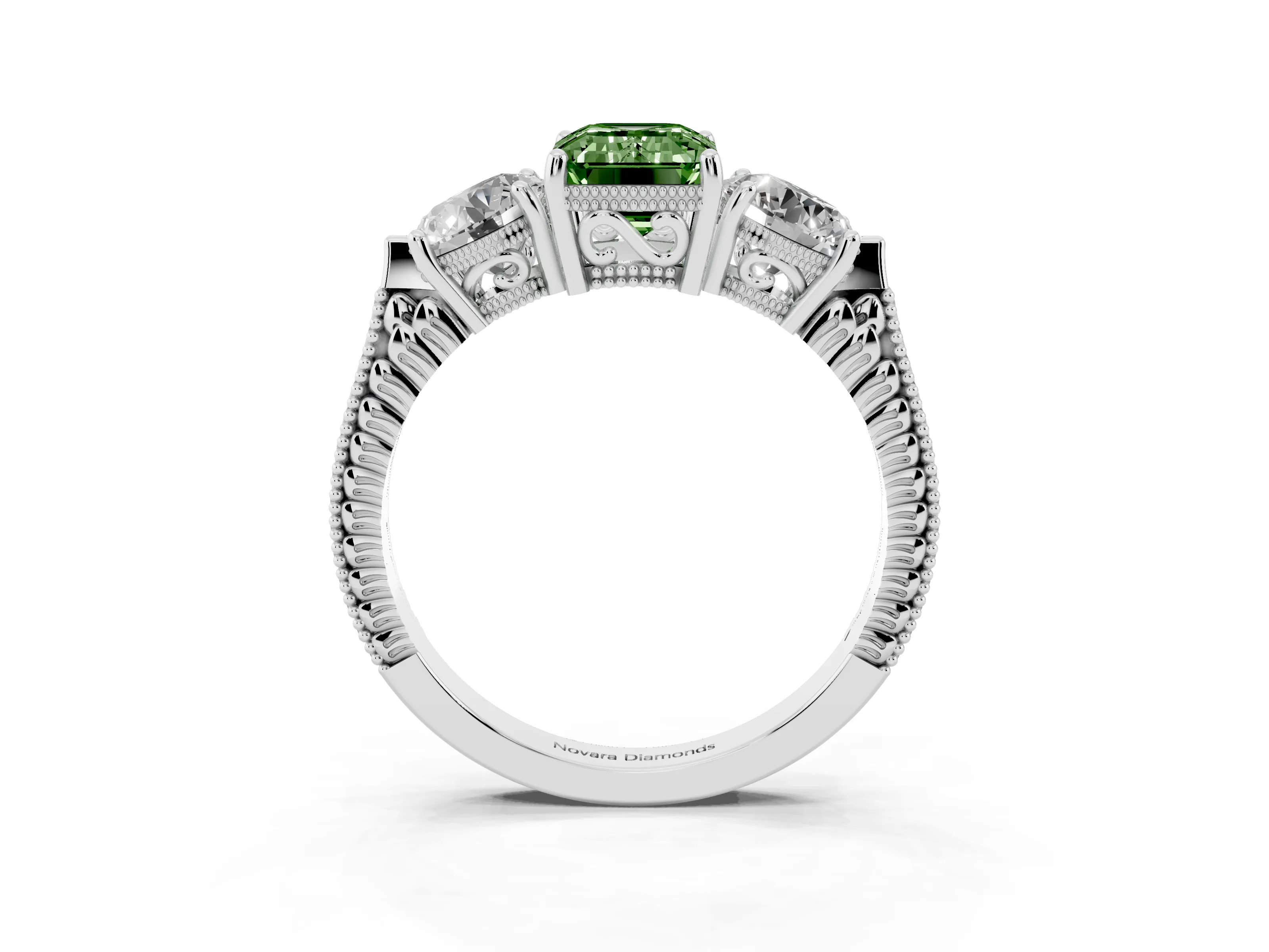 Fancy Green Emerald Cut Diamond Three-Stone Ring Set in Silver with Milgrain Band