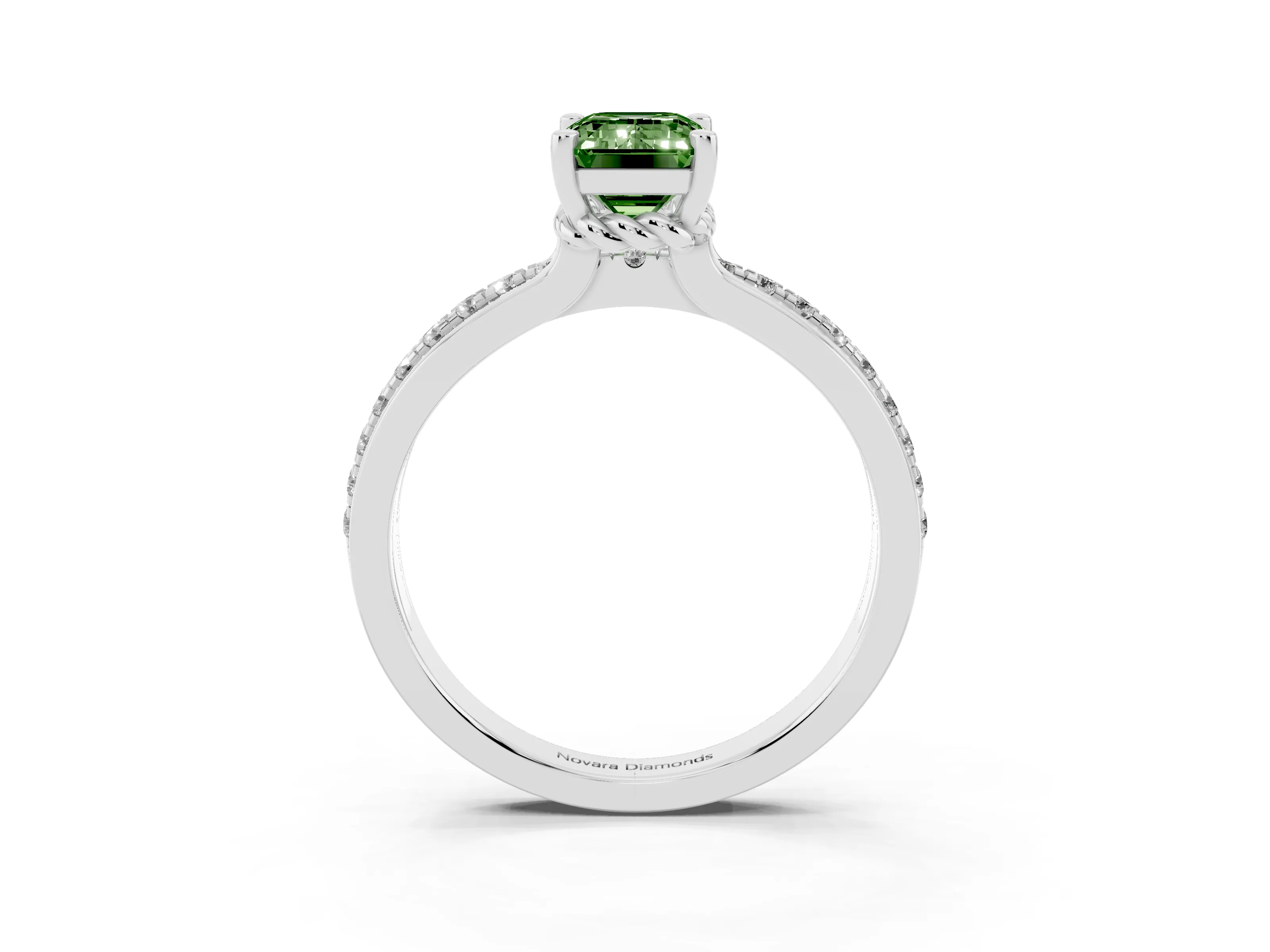 Fancy Green Emerald Cut Diamond Solitaire Ring Set in Silver with Channel Set Band and Prong Setting
