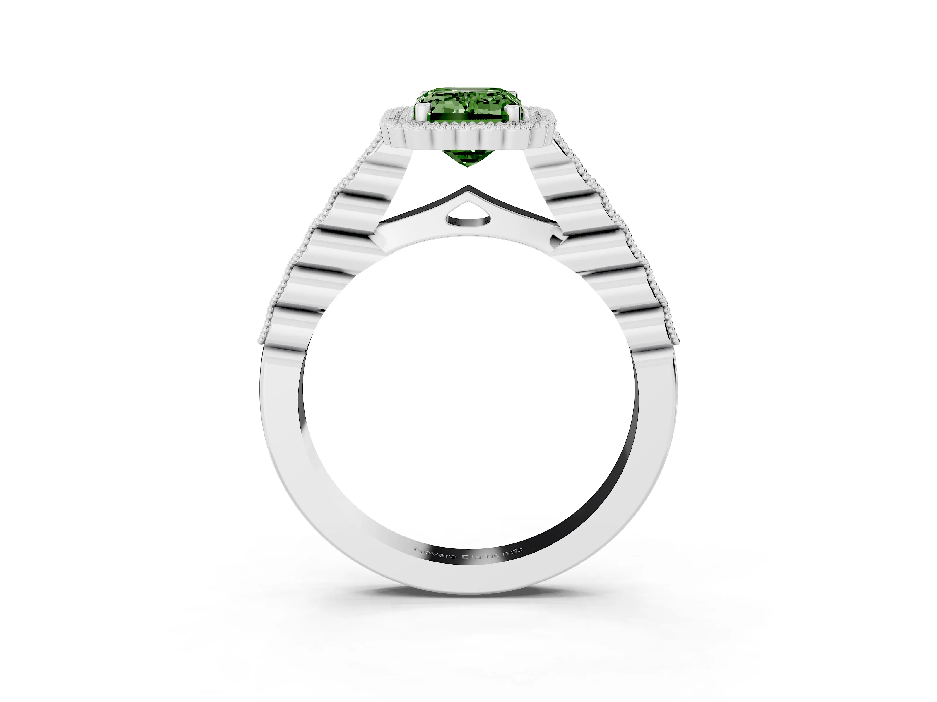 Fancy Green Emerald Cut Diamond Halo Ring Set in White gold with Pavé Milgrain Band
