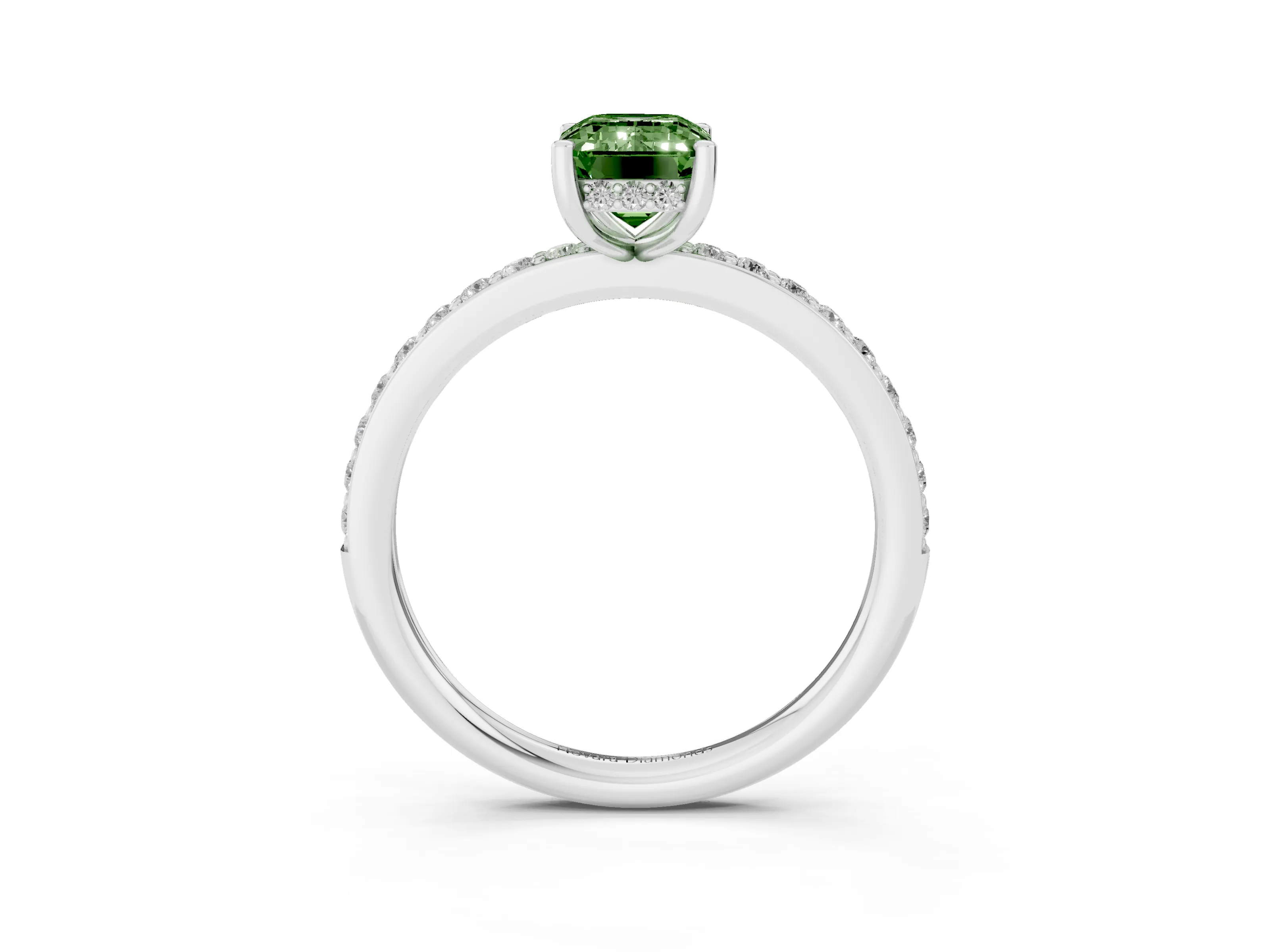 Fancy Green Emerald Cut Diamond Pavé Band Ring Set in Silver with Prong-Set Center Stone