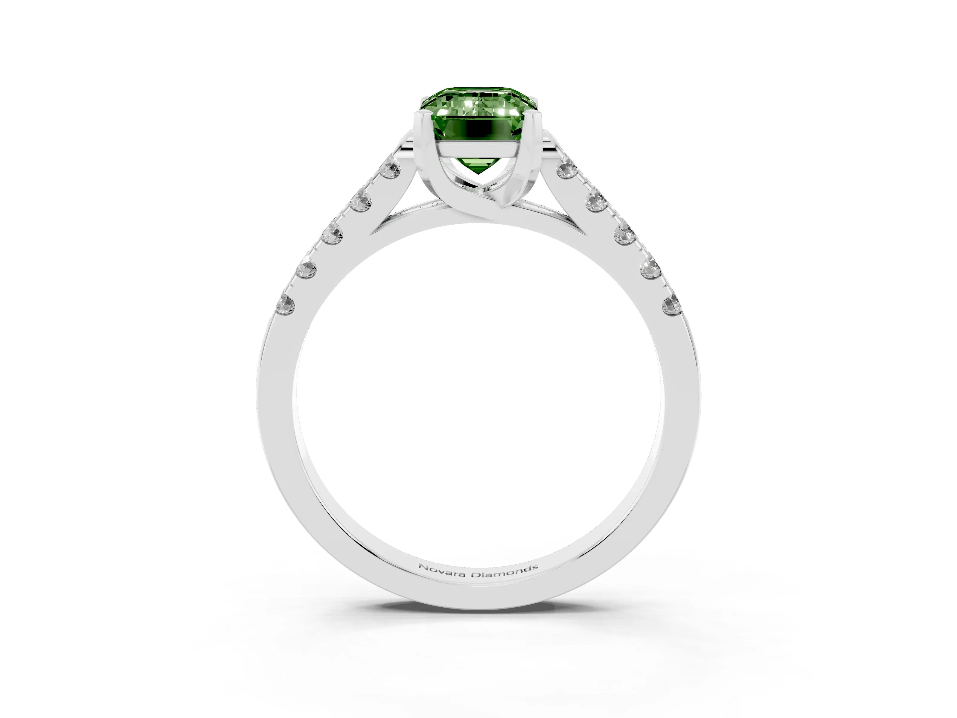 Fancy Green Emerald Cut Diamond Pavé Band Solitaire Ring Set in White gold with Partway Accent Stones and Prong Setting
