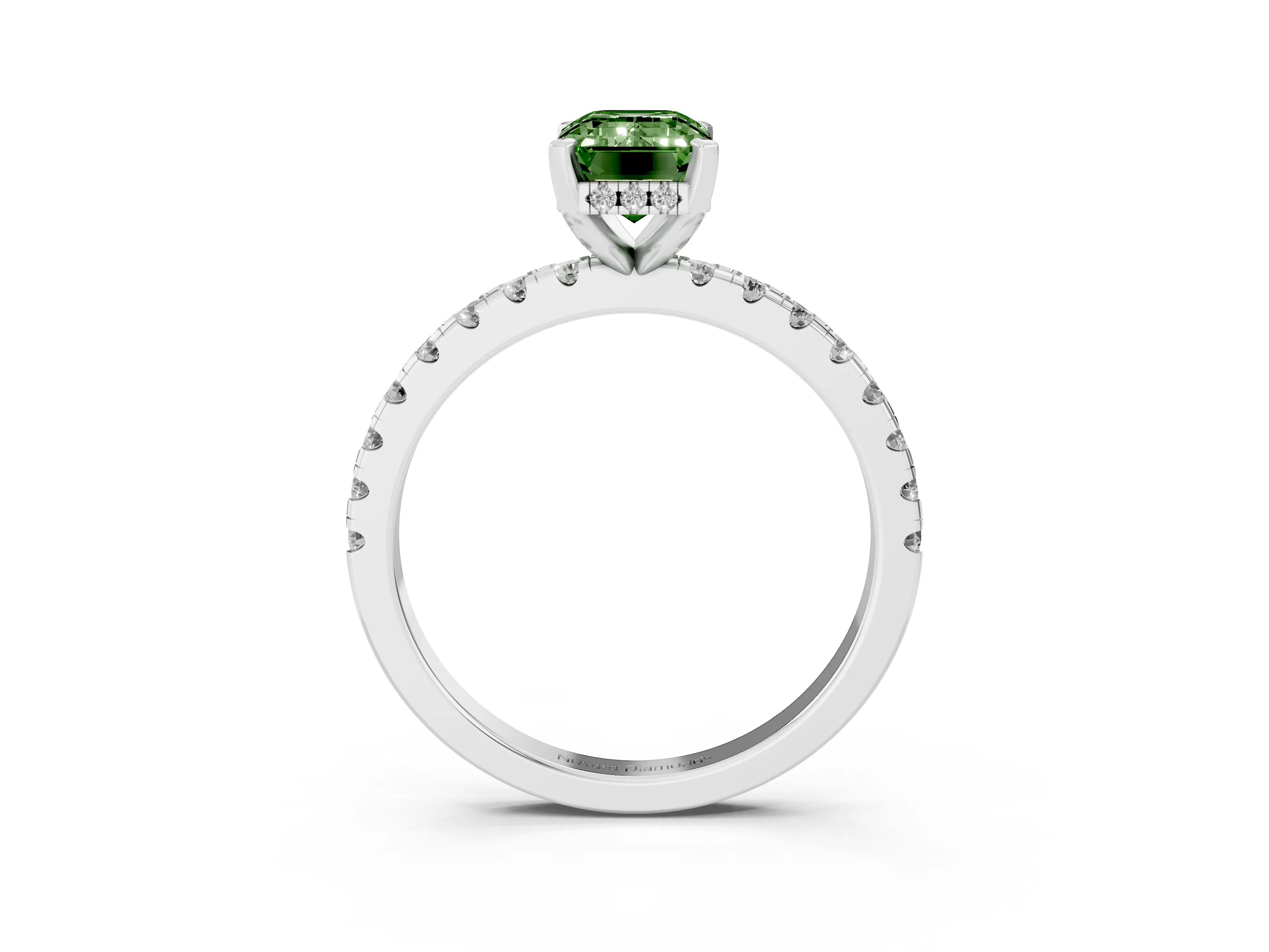 Fancy Green Emerald Cut Diamond Pavé Solitaire Ring Set in Platinum with Round Band Accents and Prong Setting