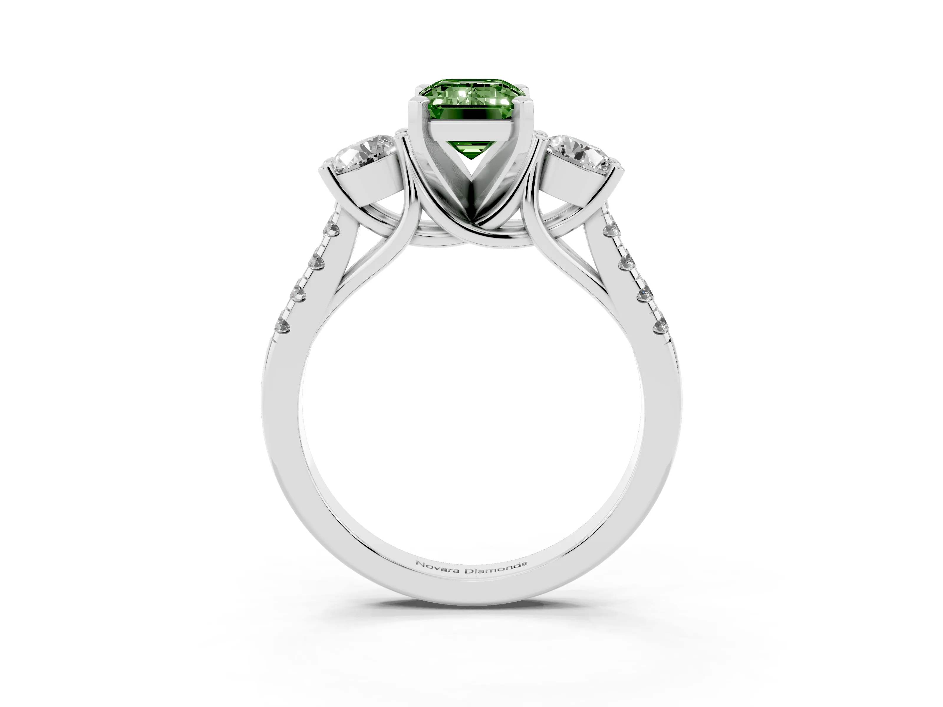 Fancy Green Three-Stone Emerald Cut Diamond Pavé Band Ring Set in Silver with Prong-Set Trio