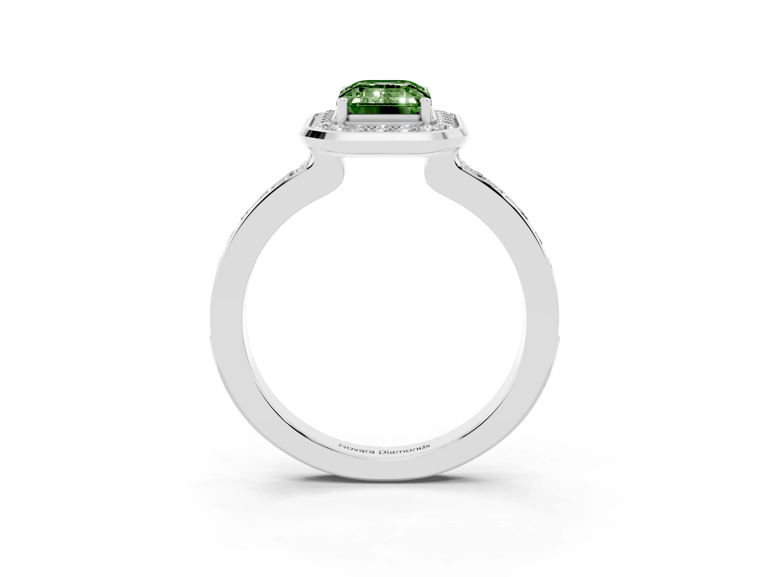 Fancy Green Emerald Cut Diamond Halo Ring Set in White gold with Bezel Frame and Pavé Band